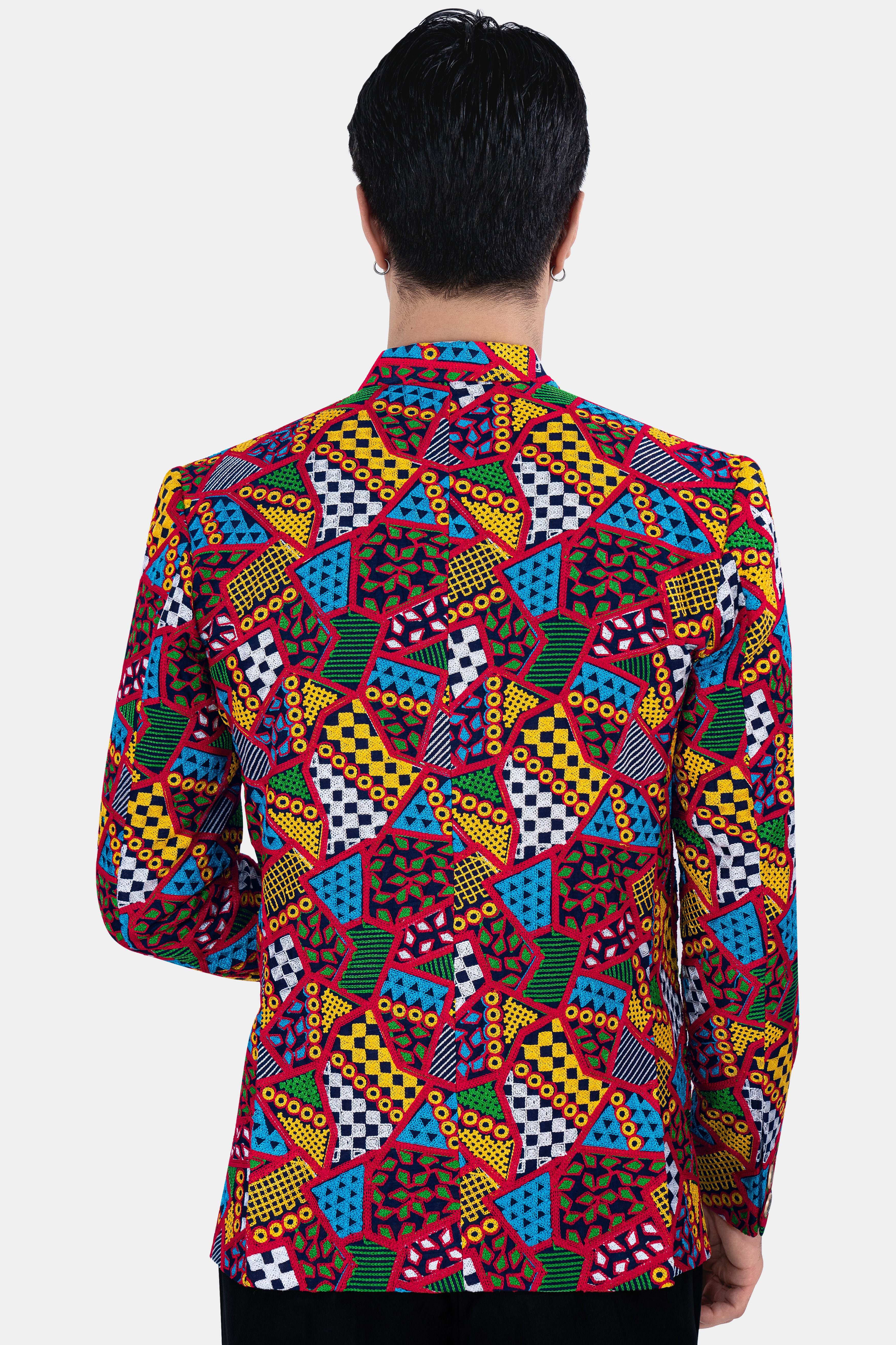 Rosso Red with Peel Yellow Multicolour Cotton Thread Embroidered Bandhgala Designer Blazer BL2886-BG-36, BL2886-BG-38, BL2886-BG-40, BL2886-BG-42, BL2886-BG-44, BL2886-BG-46, BL2886-BG-48, BL2886-BG-50, BL2886-BG-86, BL2886-BG-54, BL2886-BG-56, BL2886-BG-58, BL2886-BG-60