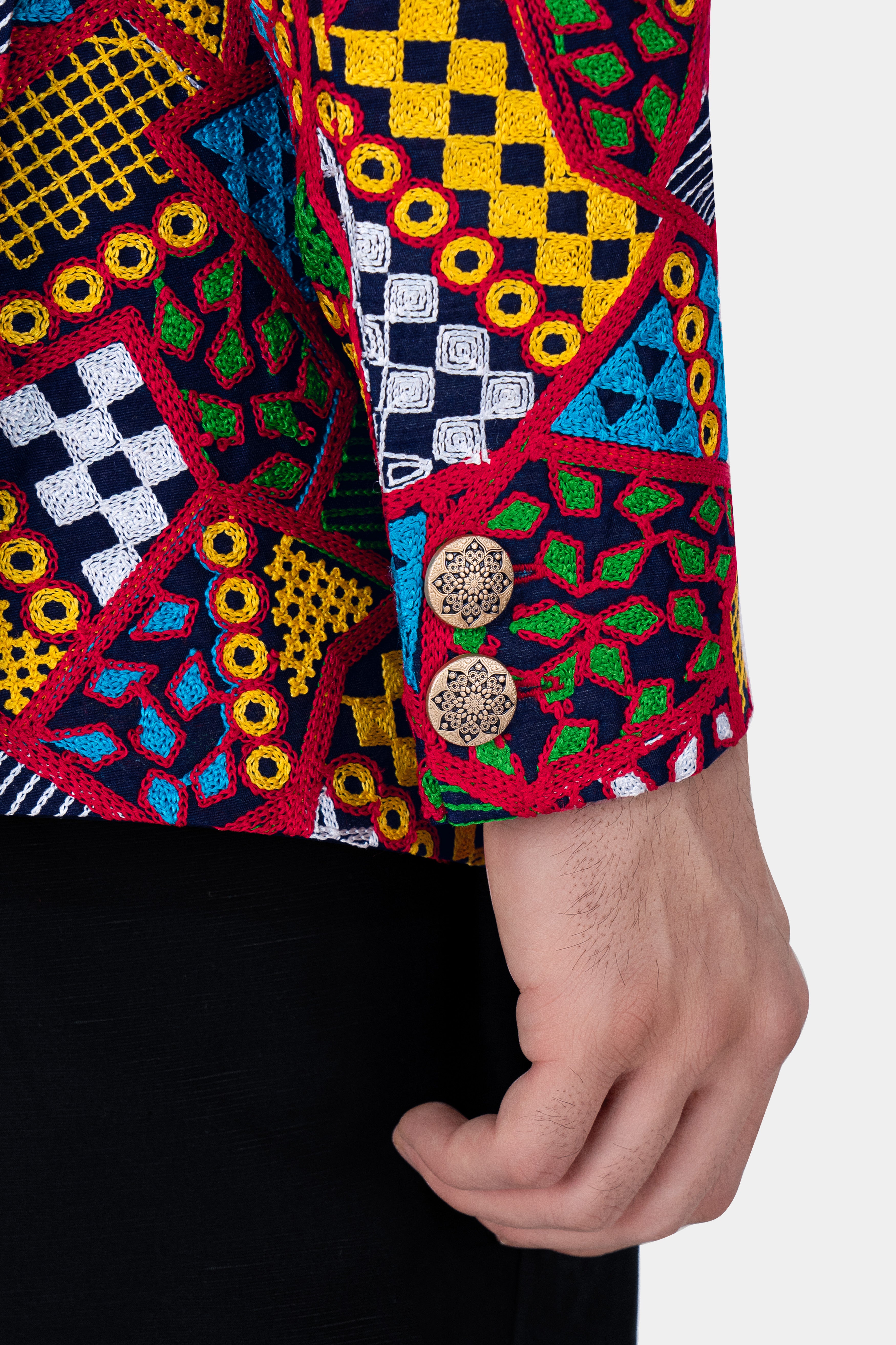 Rosso Red with Peel Yellow Multicolour Cotton Thread Embroidered Bandhgala Designer Blazer BL2886-BG-36, BL2886-BG-38, BL2886-BG-40, BL2886-BG-42, BL2886-BG-44, BL2886-BG-46, BL2886-BG-48, BL2886-BG-50, BL2886-BG-86, BL2886-BG-54, BL2886-BG-56, BL2886-BG-58, BL2886-BG-60