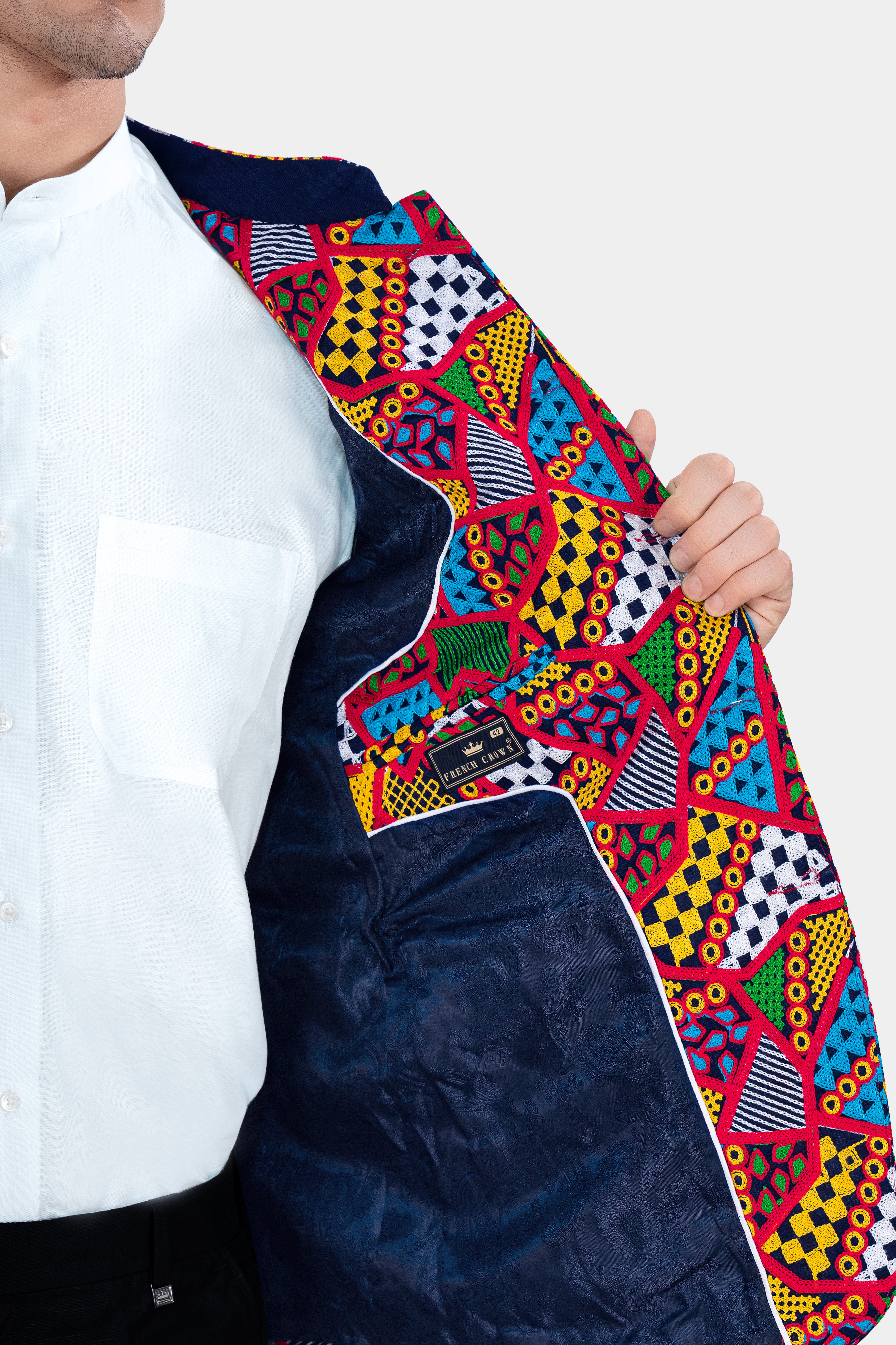 Rosso Red with Peel Yellow Multicolour Cotton Thread Embroidered Bandhgala Designer Blazer BL2886-BG-36, BL2886-BG-38, BL2886-BG-40, BL2886-BG-42, BL2886-BG-44, BL2886-BG-46, BL2886-BG-48, BL2886-BG-50, BL2886-BG-86, BL2886-BG-54, BL2886-BG-56, BL2886-BG-58, BL2886-BG-60