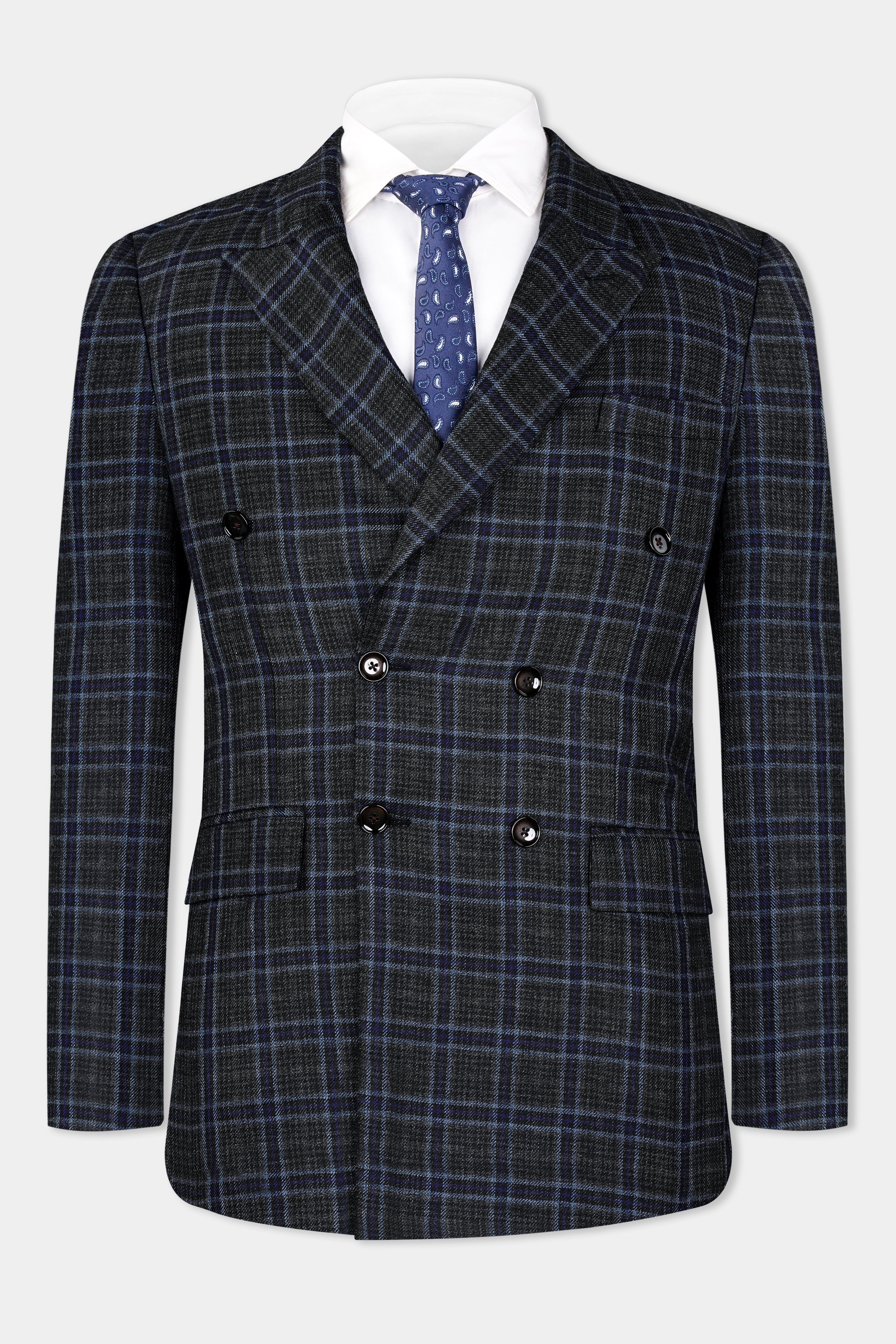 Bleached Black and Marine Blue Plaid Double Breasted Tweed Blazer BL2907-DB-36, BL2907-DB-38, BL2907-DB-40, BL2907-DB-42, BL2907-DB-44, BL2907-DB-46, BL2907-DB-48, BL2907-DB-50, BL2907-DB-52, BL2907-DB-54, BL2907-DB-56, BL2907-DB-58, BL2907-DB-60