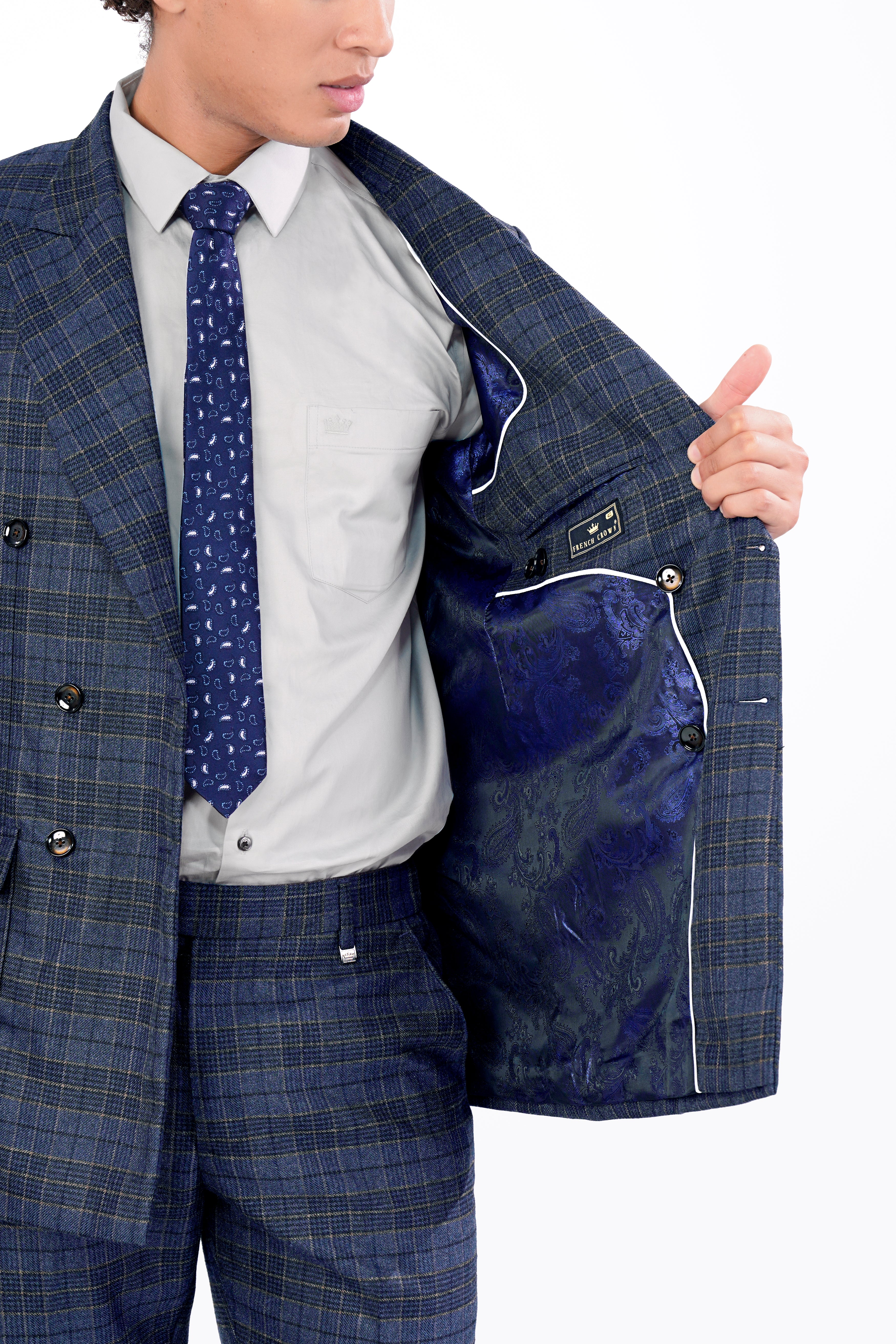 Bayoux Blue and Ironside Gray Plaid Tweed Double Breasted Blazer BL2908-DB-D74-36, BL2908-DB-D74-38, BL2908-DB-D74-40, BL2908-DB-D74-42, BL2908-DB-D74-44, BL2908-DB-D74-46, BL2908-DB-D74-48, BL2908-DB-D74-50, BL2908-DB-D74-52, BL2908-DB-D74-54, BL2908-DB-D74-56, BL2908-DB-D74-58, BL2908-DB-D74-60