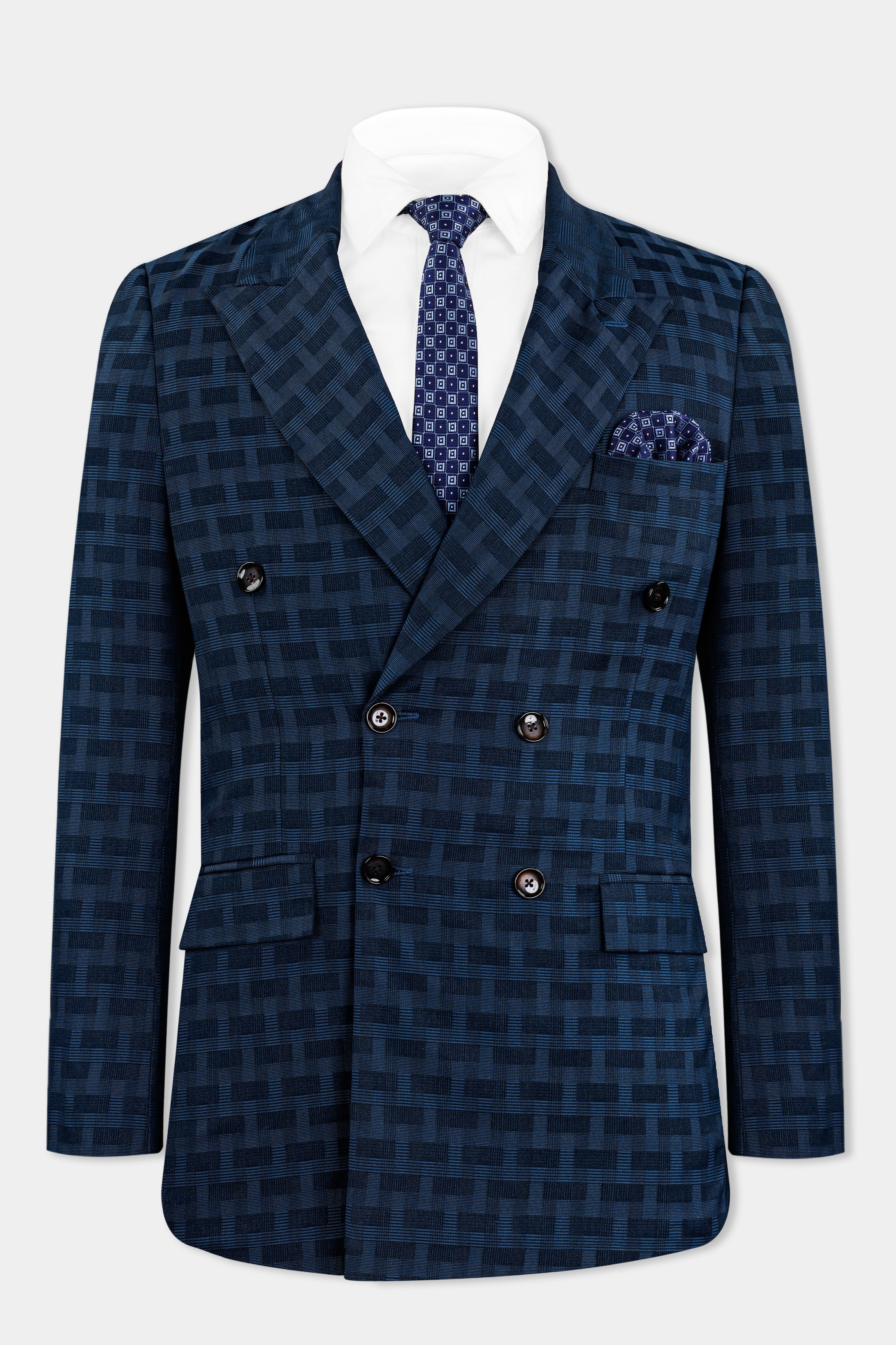 Midnight Blue with Nile Blue Jacquard Textured Double Breasted Blazer BL2910-DB-36, BL2910-DB-38, BL2910-DB-40, BL2910-DB-42, BL2910-DB-44, BL2910-DB-46, BL2910-DB-48, BL2910-DB-50, BL2910-DB-52, BL2910-DB-54, BL2910-DB-56, BL2910-DB-58, BL2910-DB-60