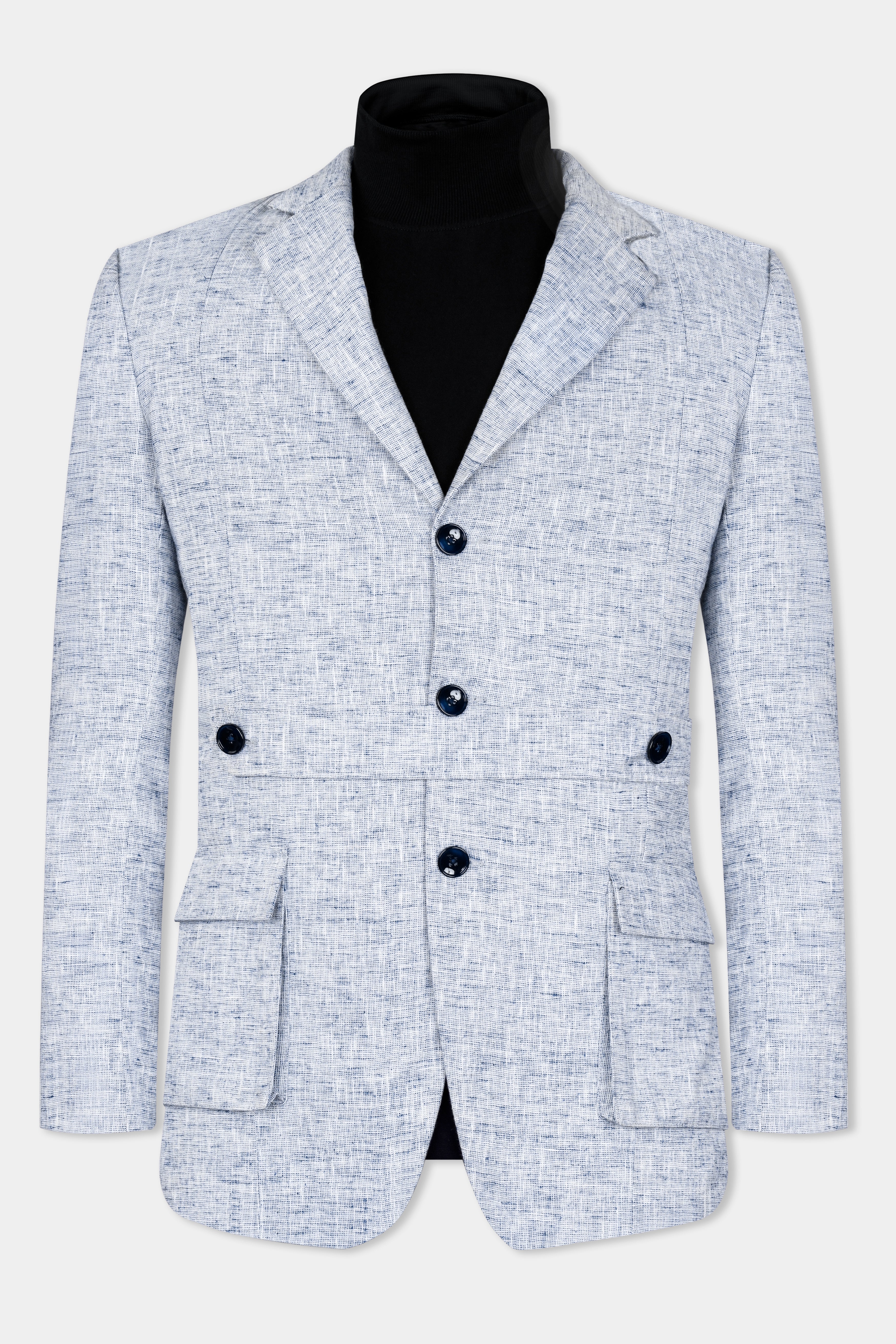 Bright White and Rhino Blue Luxurious Linen Designer Blazer BL2919-D443-36, BL2919-D443-38, BL2919-D443-40, BL2919-D443-42, BL2919-D443-44, BL2919-D443-46, BL2919-D443-48, BL2919-D443-50, BL2919-D443-52, BL2919-D443-54, BL2919-D443-56, BL2919-D443-58, BL2919-D443-60