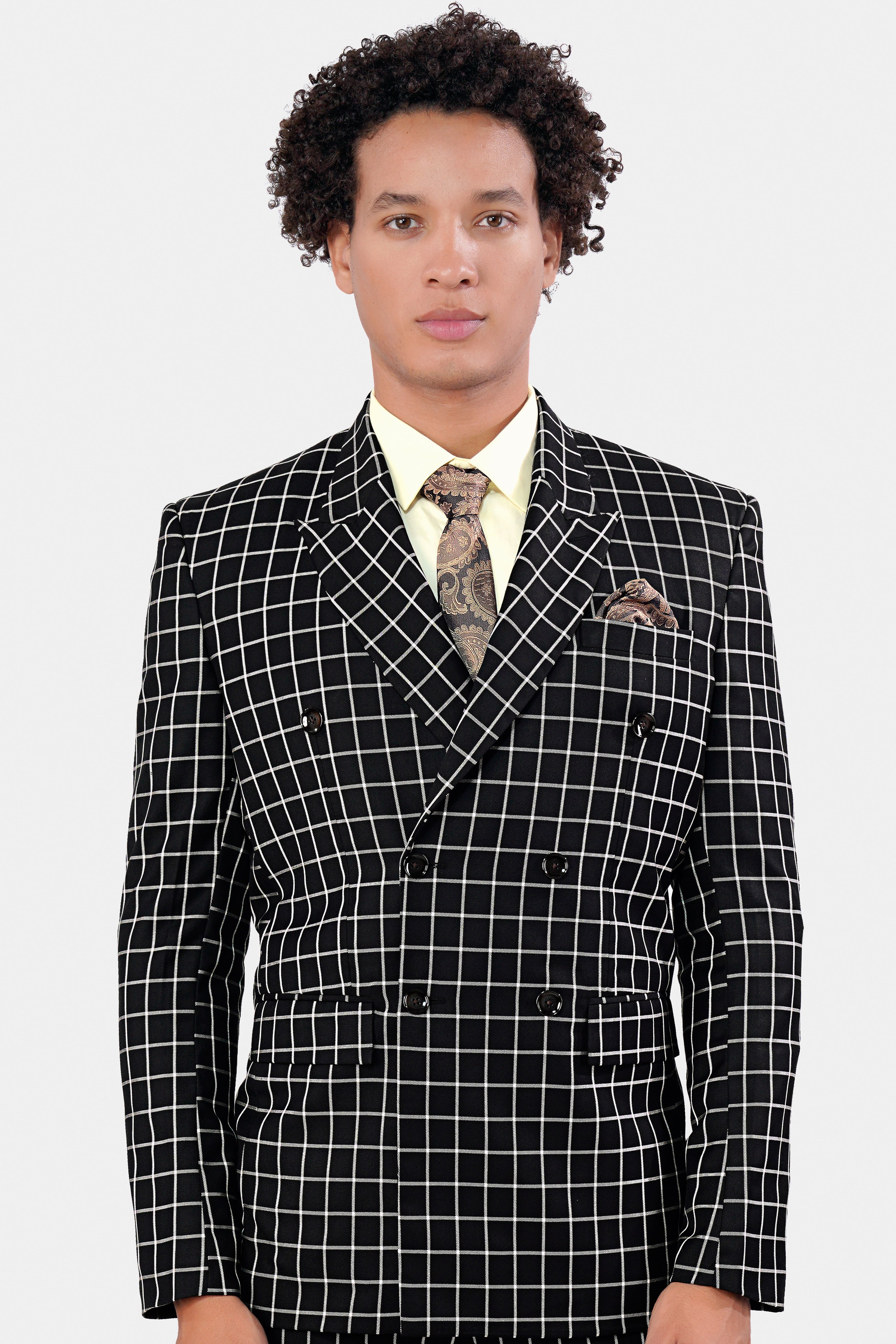 Jade Black and White Checkered Wool Rich Double Breasted Blazer