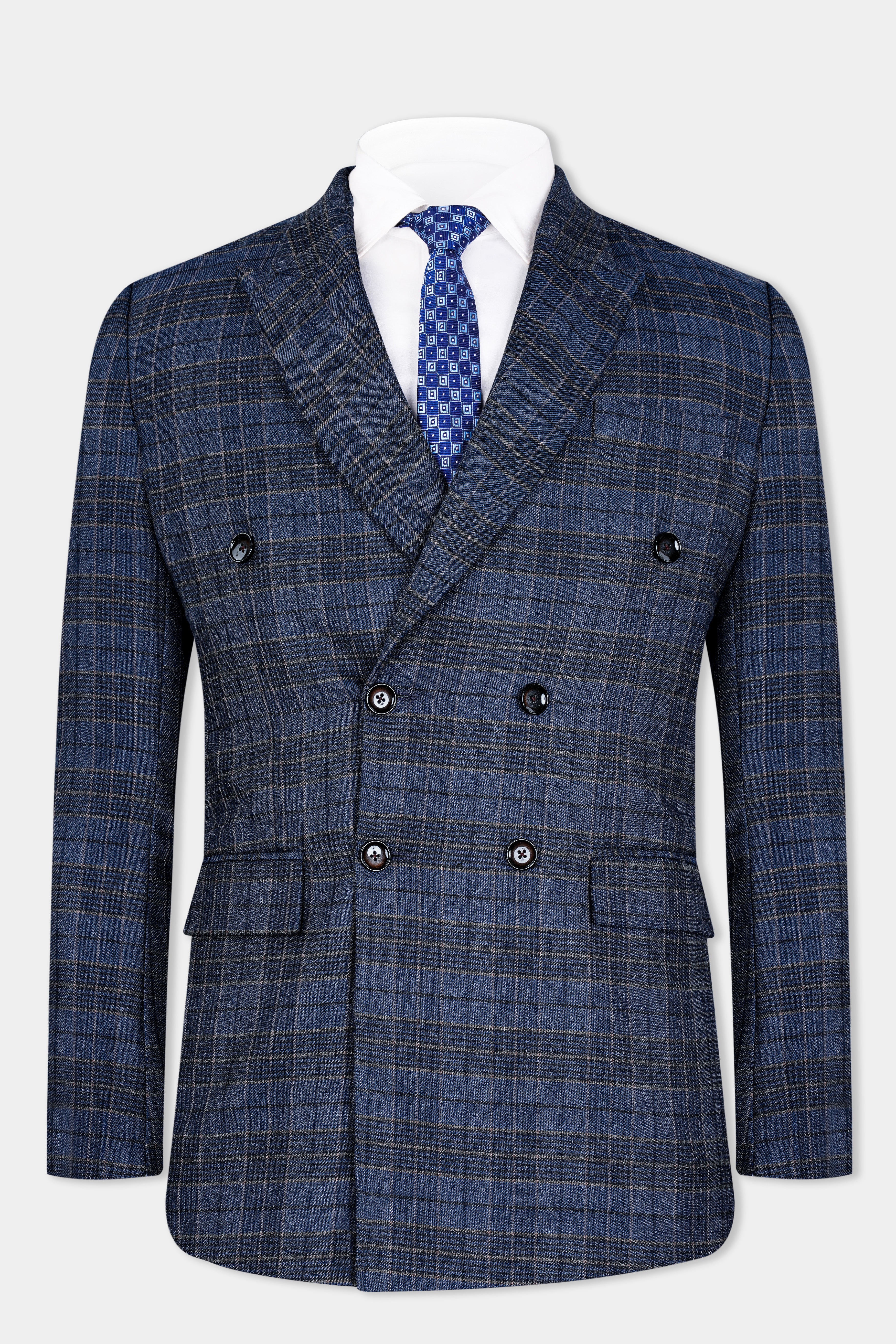 Aegean Blue and Ebony Clay Blue Plaid Tweed Double Breasted Blazer BL2945-DB-36, BL2945-DB-38, BL2945-DB-40, BL2945-DB-42, BL2945-DB-44, BL2945-DB-46, BL2945-DB-48, BL2945-DB-50, BL2945-DB-52, BL2945-DB-54, BL2945-DB-56, BL2945-DB-58, BL2945-DB-60