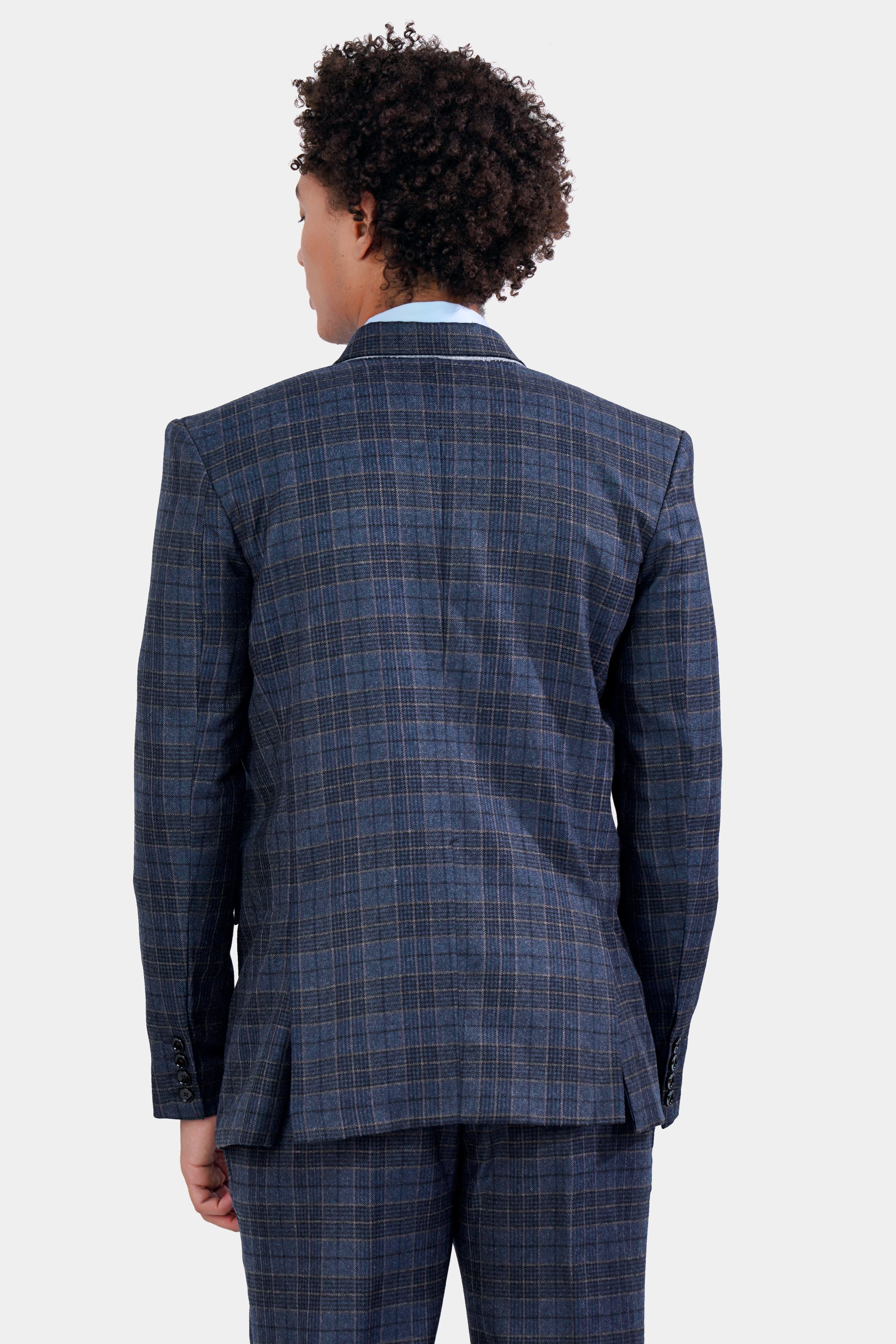 Aegean Blue and Ebony Clay Blue Plaid Tweed Double Breasted Blazer BL2945-DB-36, BL2945-DB-38, BL2945-DB-40, BL2945-DB-42, BL2945-DB-44, BL2945-DB-46, BL2945-DB-48, BL2945-DB-50, BL2945-DB-52, BL2945-DB-54, BL2945-DB-56, BL2945-DB-58, BL2945-DB-60