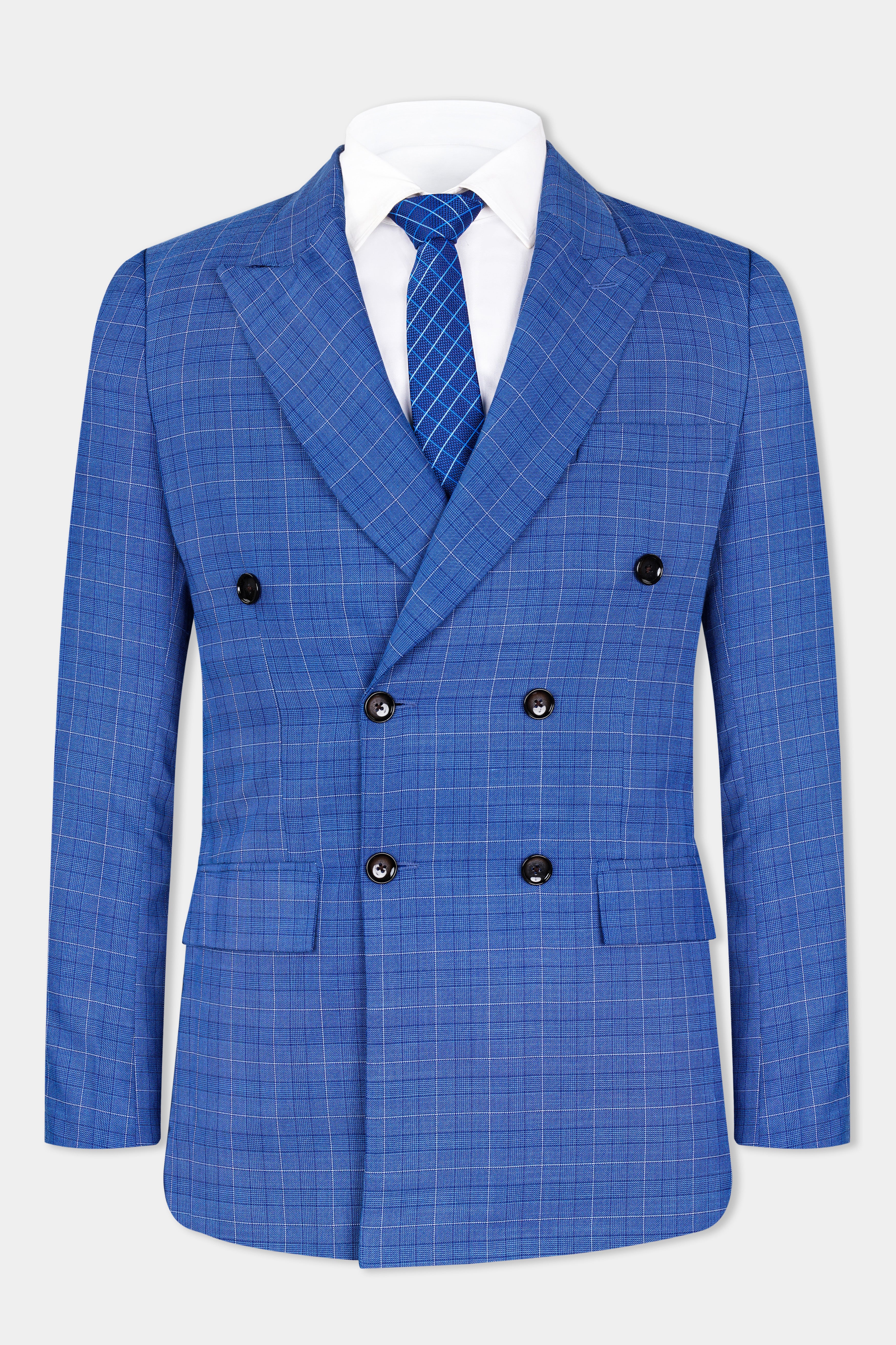 Cobalt Blue Checkered Wool Rich Double Breasted Blazer BL2947-DB-36, BL2947-DB-38, BL2947-DB-40, BL2947-DB-42, BL2947-DB-44, BL2947-DB-46, BL2947-DB-48, BL2947-DB-50, BL2947-DB-52, BL2947-DB-54, BL2947-DB-56, BL2947-DB-58, BL2947-DB-60