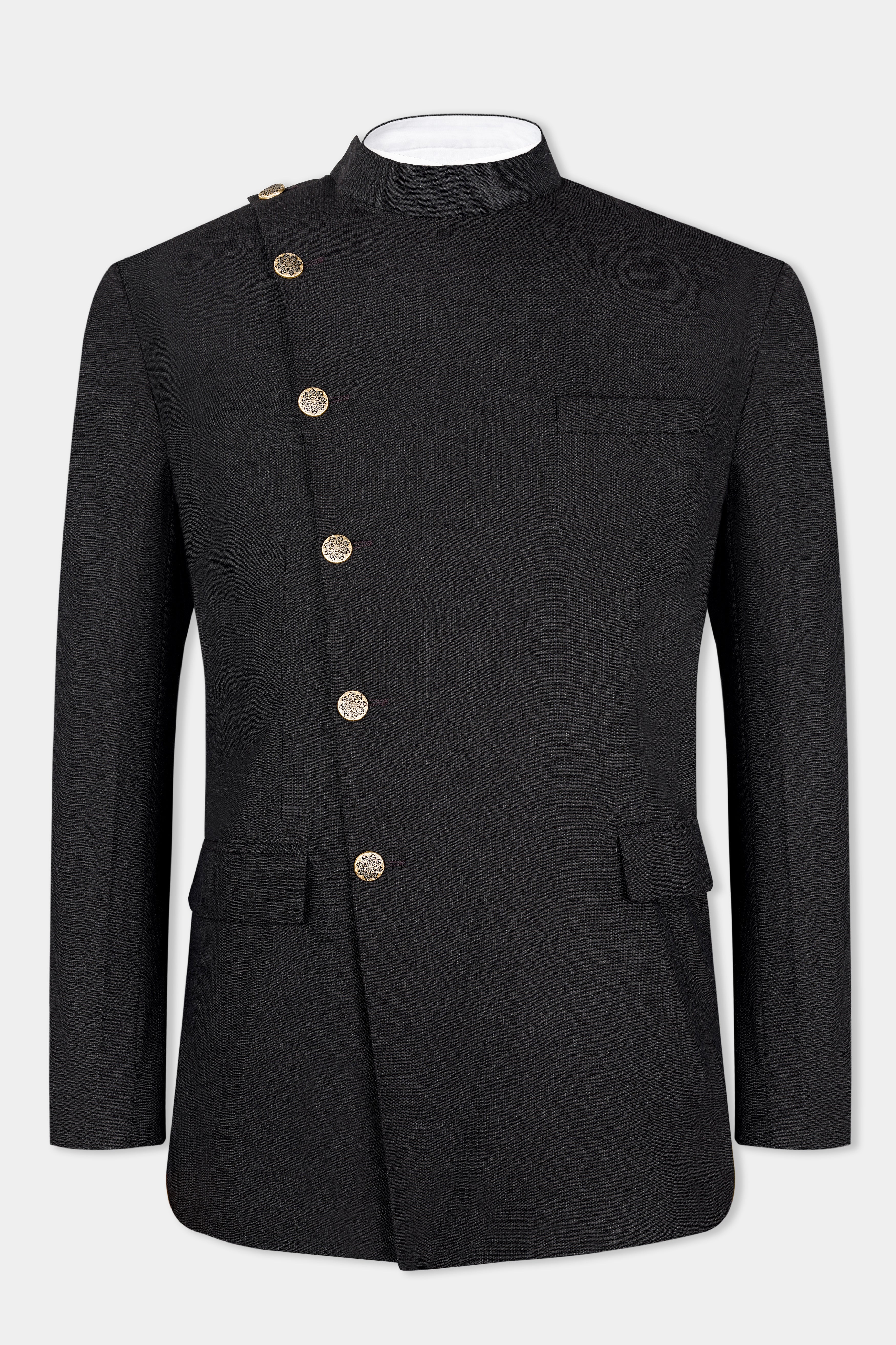 Zeus Black Wool Rich Cross Buttoned Bandhgala Blazer BL2950-CBG-36, BL2950-CBG-38, BL2950-CBG-40, BL2950-CBG-42, BL2950-CBG-44, BL2950-CBG-46, BL2950-CBG-48, BL2950-CBG-50, BL2950-CBG-52, BL2950-CBG-54, BL2950-CBG-56, BL2950-CBG-58, BL2950-CBG-60
