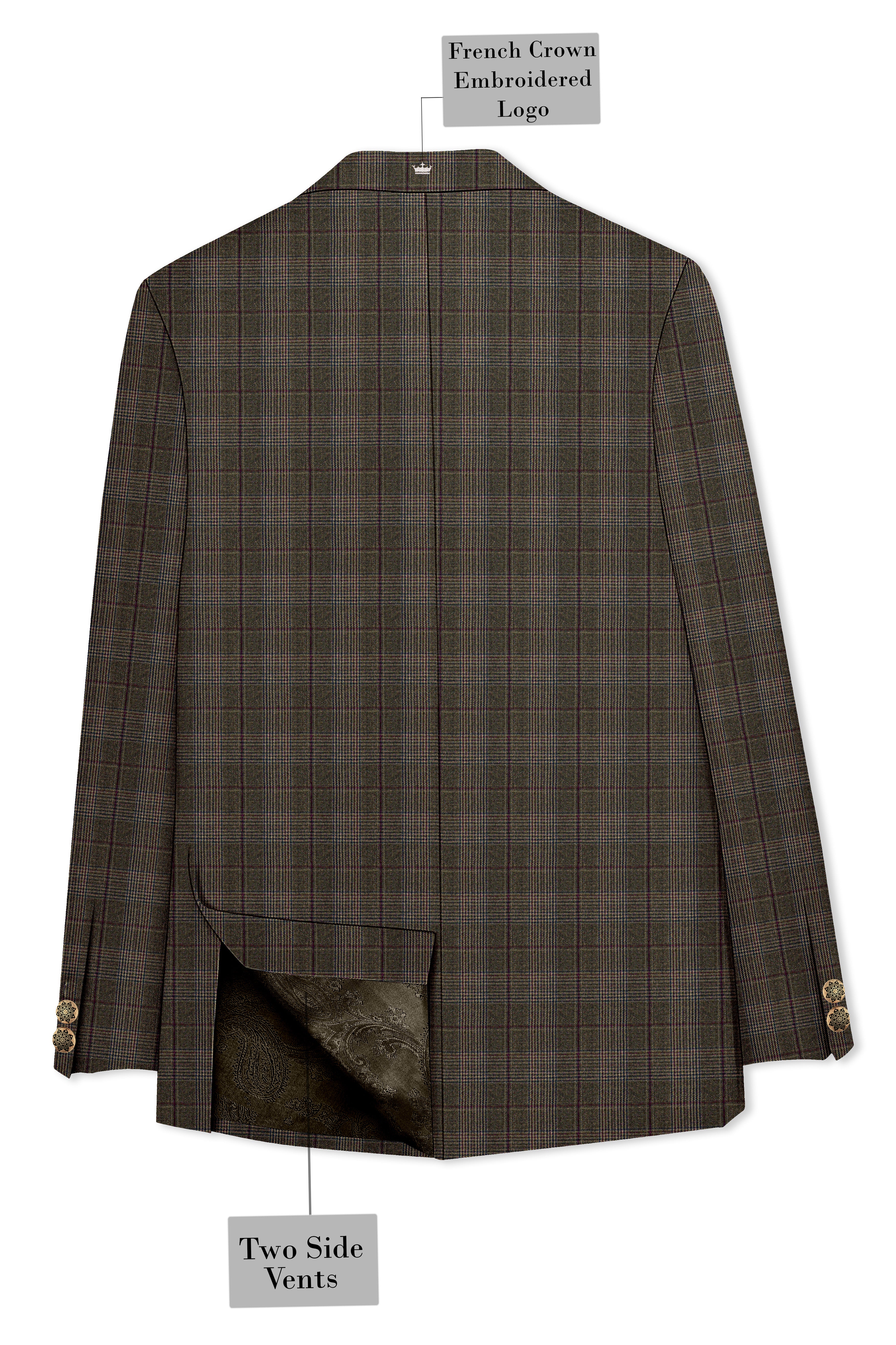 Fuscous Green and Bistre Brown Plaid Wool Rich Cross Placket Bandhgala Blazer