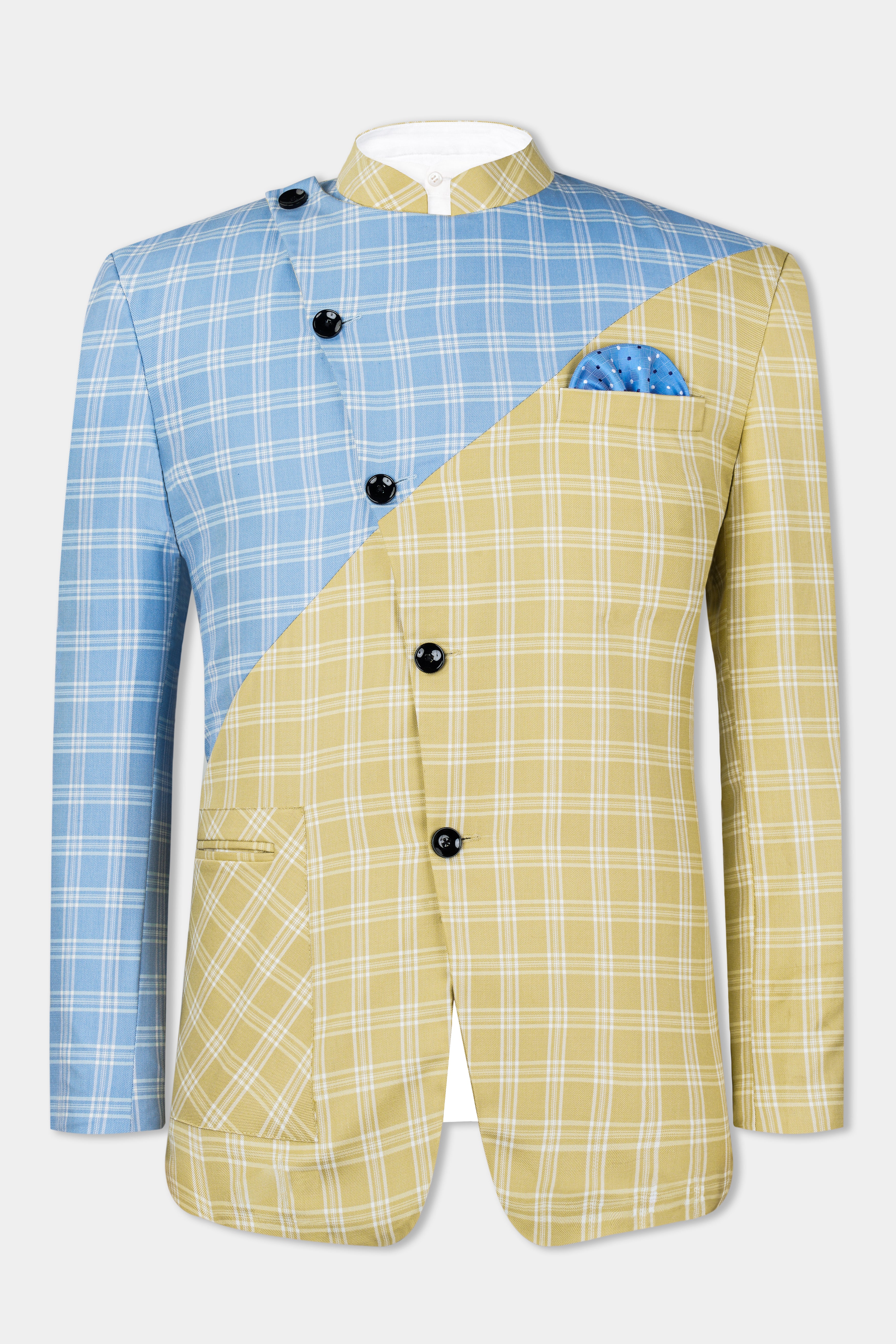 Casper Blue and Brandy Brown Plaid Wool Rich Cross Buttoned Bandhgala Designer Blazer BL2959-CBG-D61-36, BL2959-CBG-D61-38, BL2959-CBG-D61-40, BL2959-CBG-D61-42, BL2959-CBG-D61-44, BL2959-CBG-D61-46, BL2959-CBG-D61-48, BL2959-CBG-D61-50, BL2959-CBG-D61-52, BL2959-CBG-D61-54, BL2959-CBG-D61-56, BL2959-CBG-D61-58, BL2959-CBG-D61-60