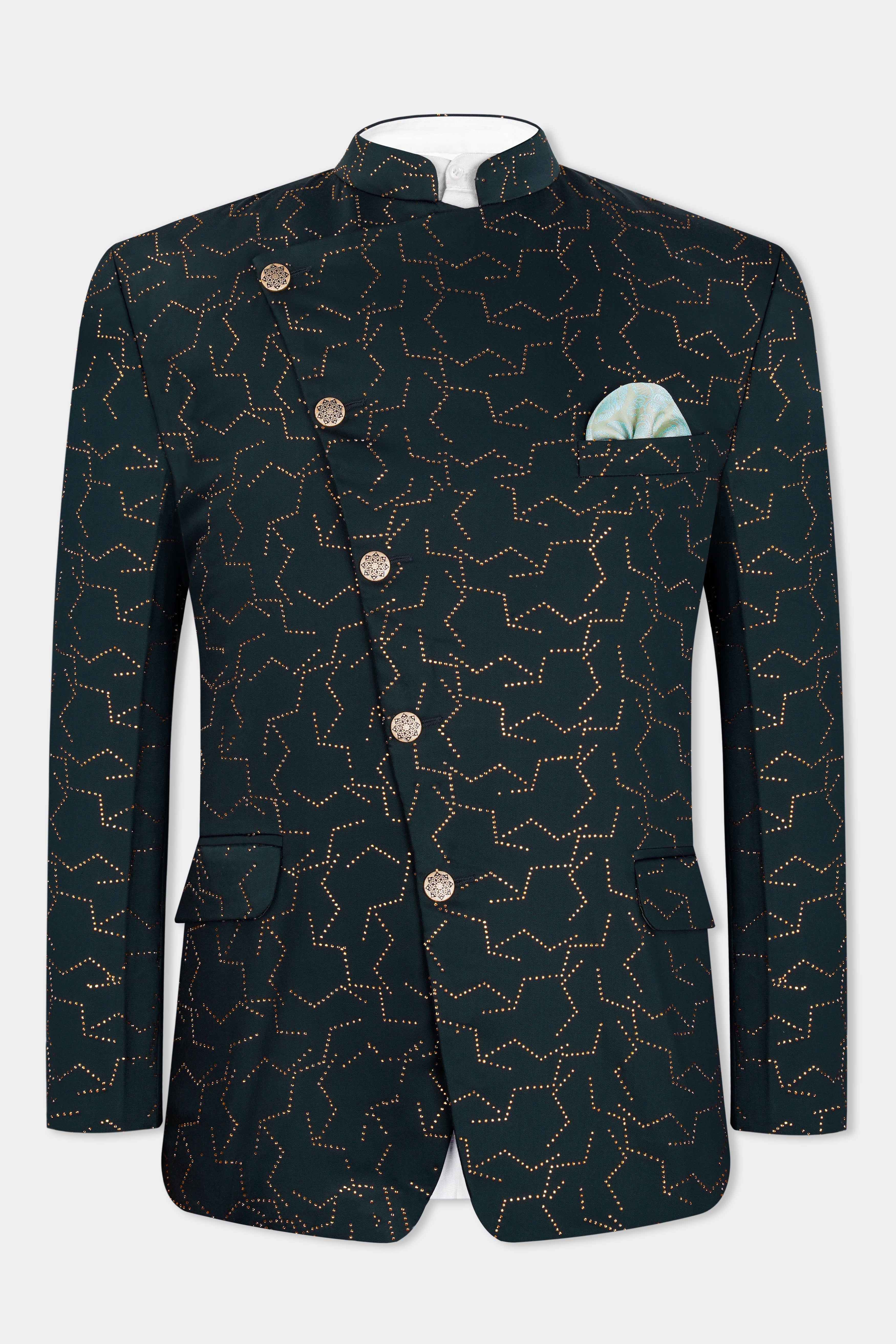 Prussian Green Wool Rich Stonework Cross Buttoned Bandhgala Designer Blazer BL2960-CBG-D513-36, BL2960-CBG-D513-38, BL2960-CBG-D513-40, BL2960-CBG-D513-42, BL2960-CBG-D513-44, BL2960-CBG-D513-46, BL2960-CBG-D513-48, BL2960-CBG-D513-50, BL2960-CBG-D513-52, BL2960-CBG-D513-54, BL2960-CBG-D513-56, BL2960-CBG-D513-58, BL2960-CBG-D513-60