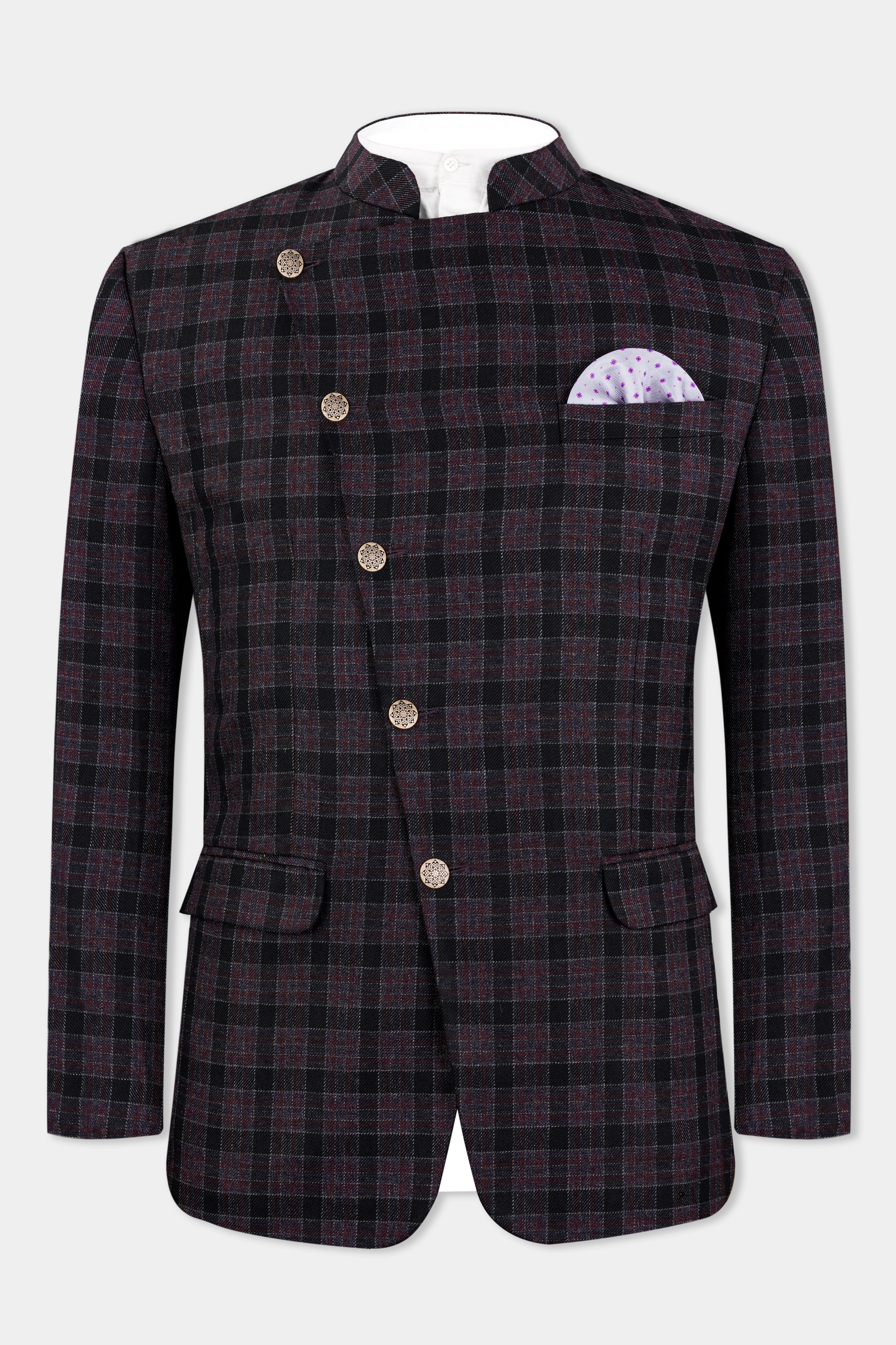 Byzantium Pink and Black Tweed Plaid Cross Buttoned Bandhgala Blazer   BL2963-CBG-36, BL2963-CBG-38, BL2963-CBG-40, BL2963-CBG-42, BL2963-CBG-44, BL2963-CBG-46, BL2963-CBG-48, BL2963-CBG-50, BL2963-CBG-52, BL2963-CBG-54, BL2963-CBG-56, BL2963-CBG-58, BL2963-CBG-60