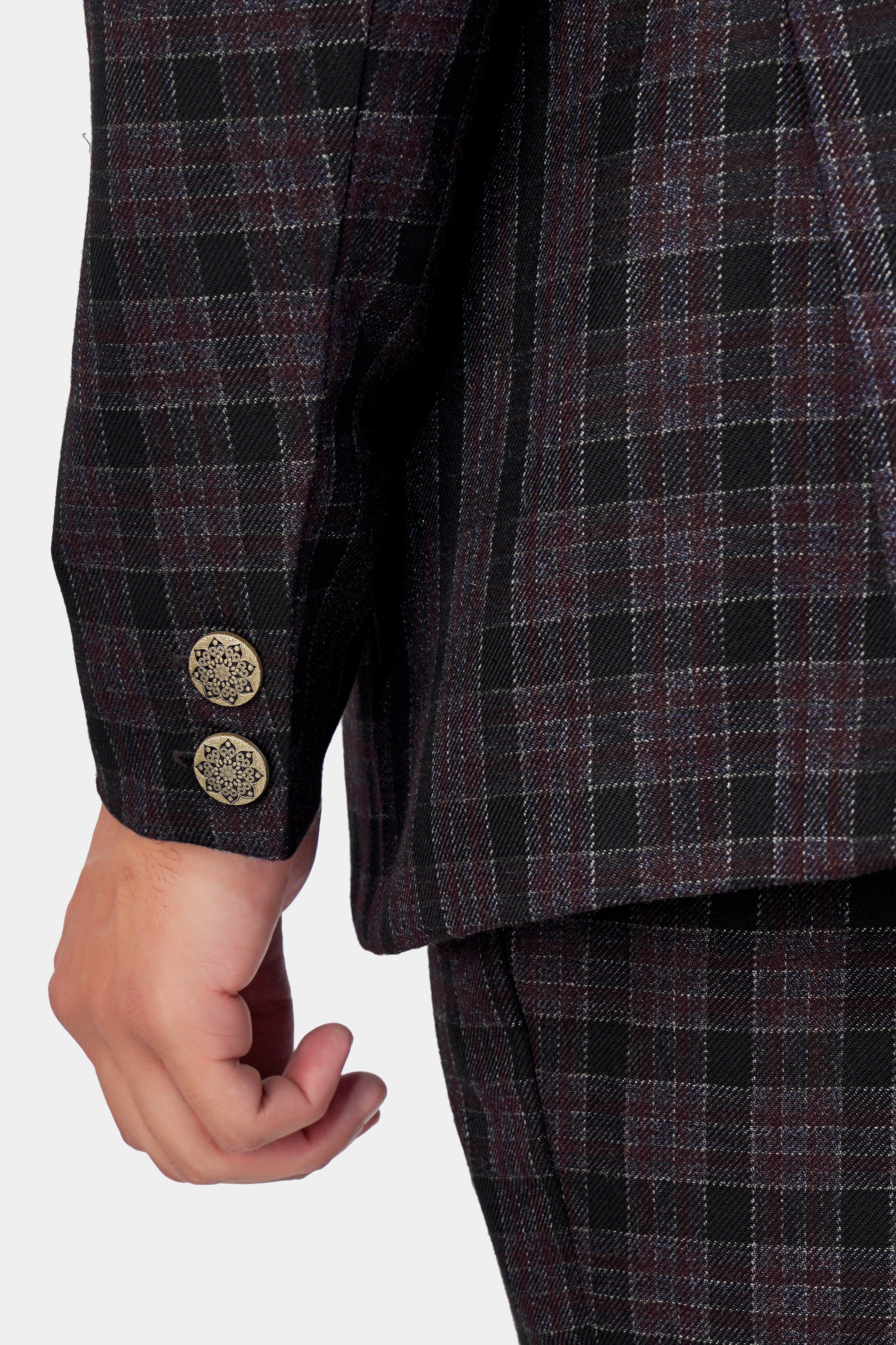 Byzantium Pink and Black Tweed Plaid Cross Buttoned Bandhgala Blazer   BL2963-CBG-36, BL2963-CBG-38, BL2963-CBG-40, BL2963-CBG-42, BL2963-CBG-44, BL2963-CBG-46, BL2963-CBG-48, BL2963-CBG-50, BL2963-CBG-52, BL2963-CBG-54, BL2963-CBG-56, BL2963-CBG-58, BL2963-CBG-60