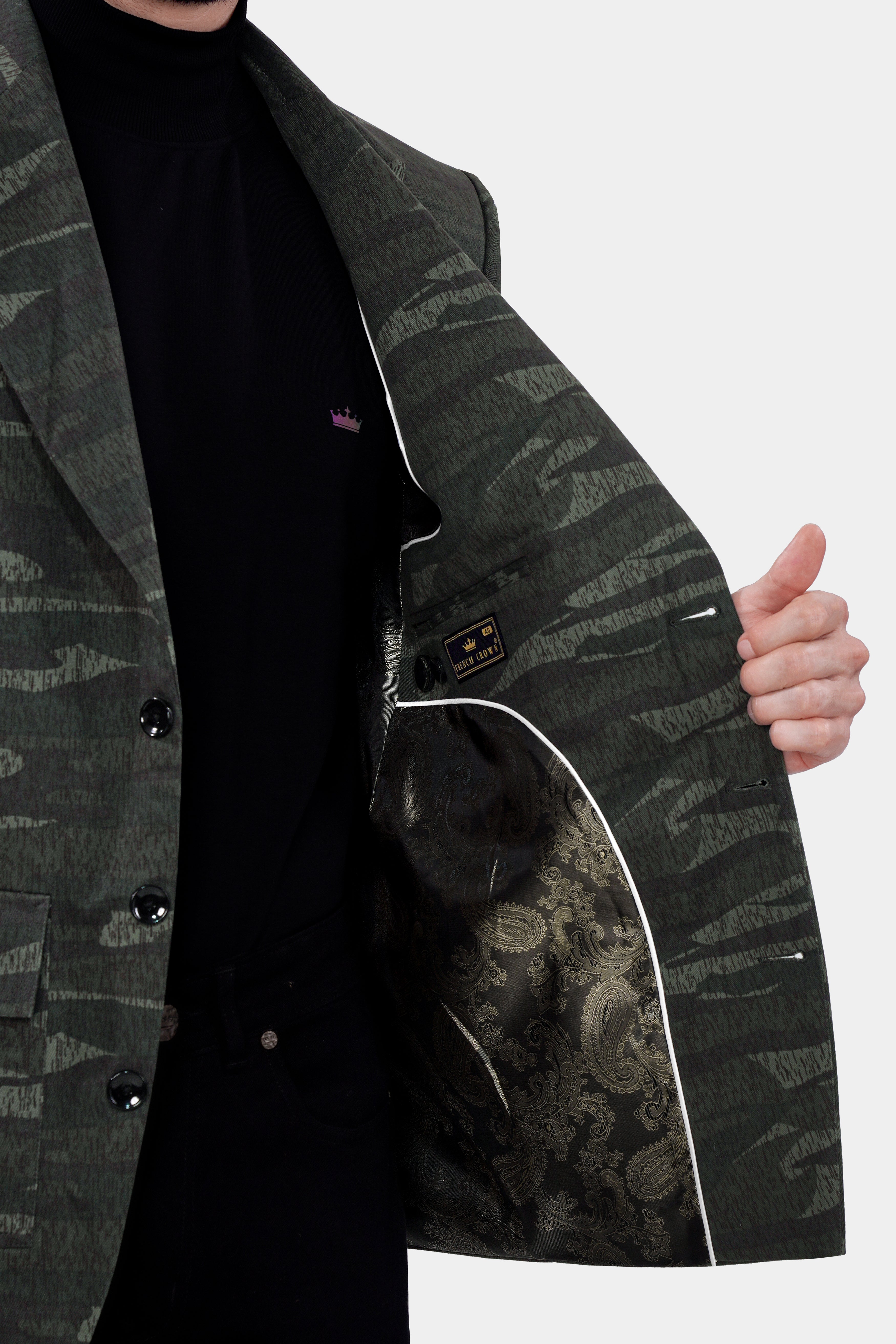 Xanadu Green and Davy Brown Camouflage Premium Cotton Designer Blazer  BL2966-SBP-D114-36, BL2966-SBP-D114-38, BL2966-SBP-D114-40, BL2966-SBP-D114-42, BL2966-SBP-D114-44, BL2966-SBP-D114-46, BL2966-SBP-D114-48, BL2966-SBP-D114-50, BL2966-SBP-D114-52, BL2966-SBP-D114-54, BL2966-SBP-D114-56, BL2966-SBP-D114-58, BL2966-SBP-D114-60