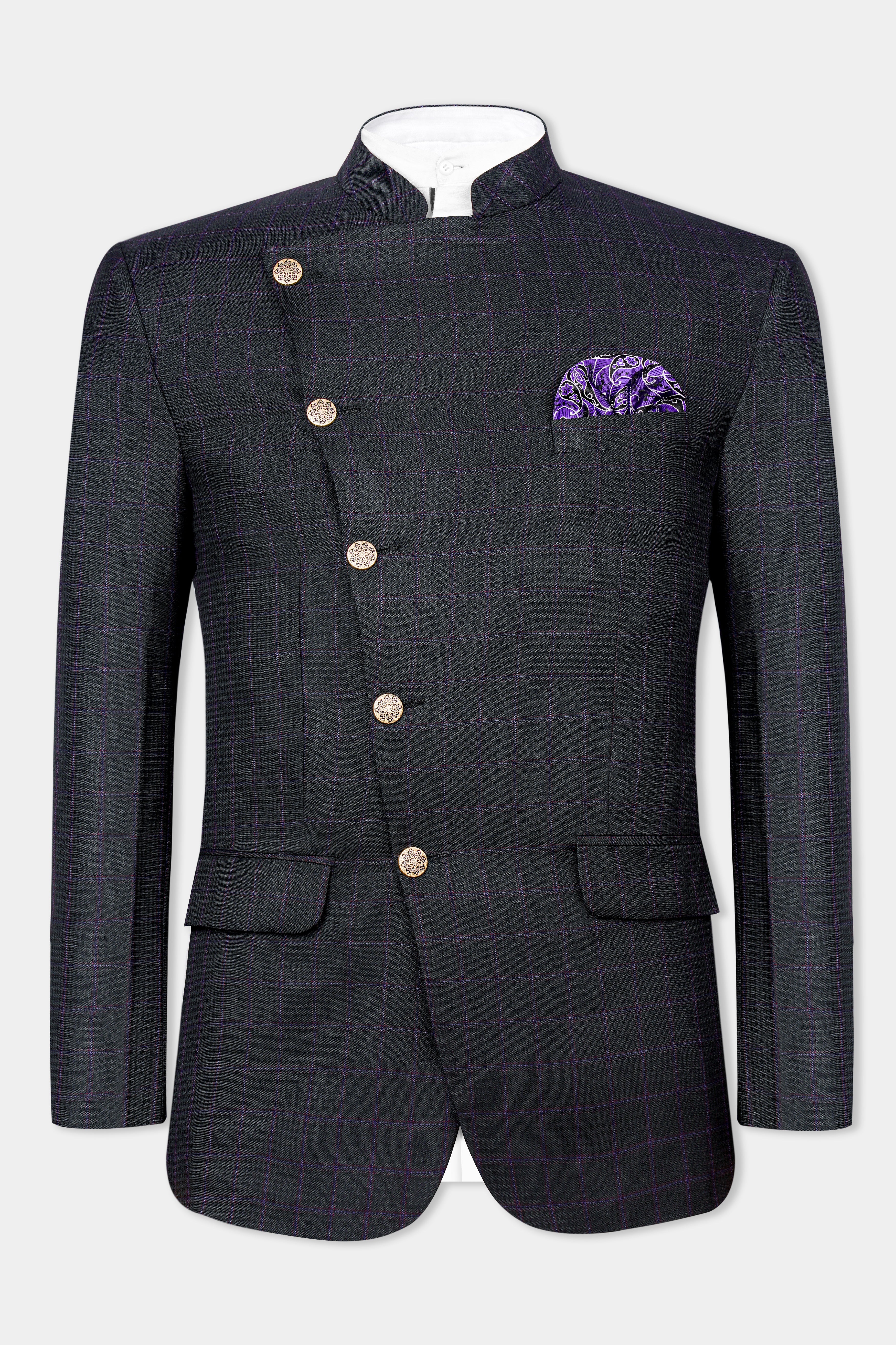 Cinder Black Subtle Checkered Wool Rich Cross Buttoned Bandhgala Blazer BL2986-CBG-36, BL2986-CBG-38, BL2986-CBG-40, BL2986-CBG-42, BL2986-CBG-44, BL2986-CBG-46, BL2986-CBG-48, BL2986-CBG-50, BL2986-CBG-52, BL2986-CBG-54, BL2986-CBG-56, BL2986-CBG-58, BL2986-CBG-60