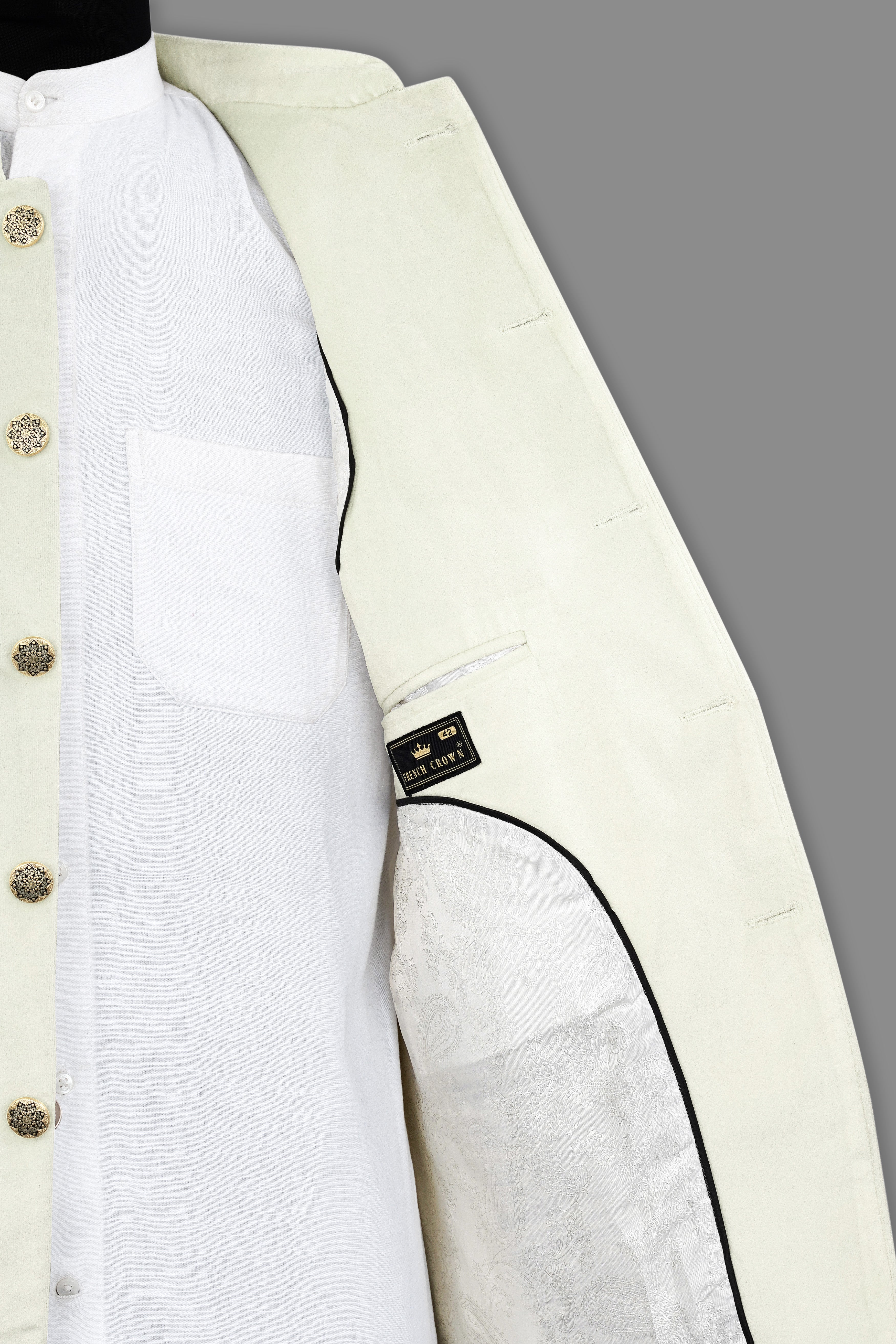 Merino Cream Bandhgala Velvet Blazer BL2987-BG-36, BL2987-BG-38, BL2987-BG-40, BL2987-BG-42, BL2987-BG-44, BL2987-BG-46, BL2987-BG-48, BL2987-BG-50, BL2987-BG-52, BL2987-BG-54, BL2987-BG-56, BL2987-BG-58, BL2987-BG-60