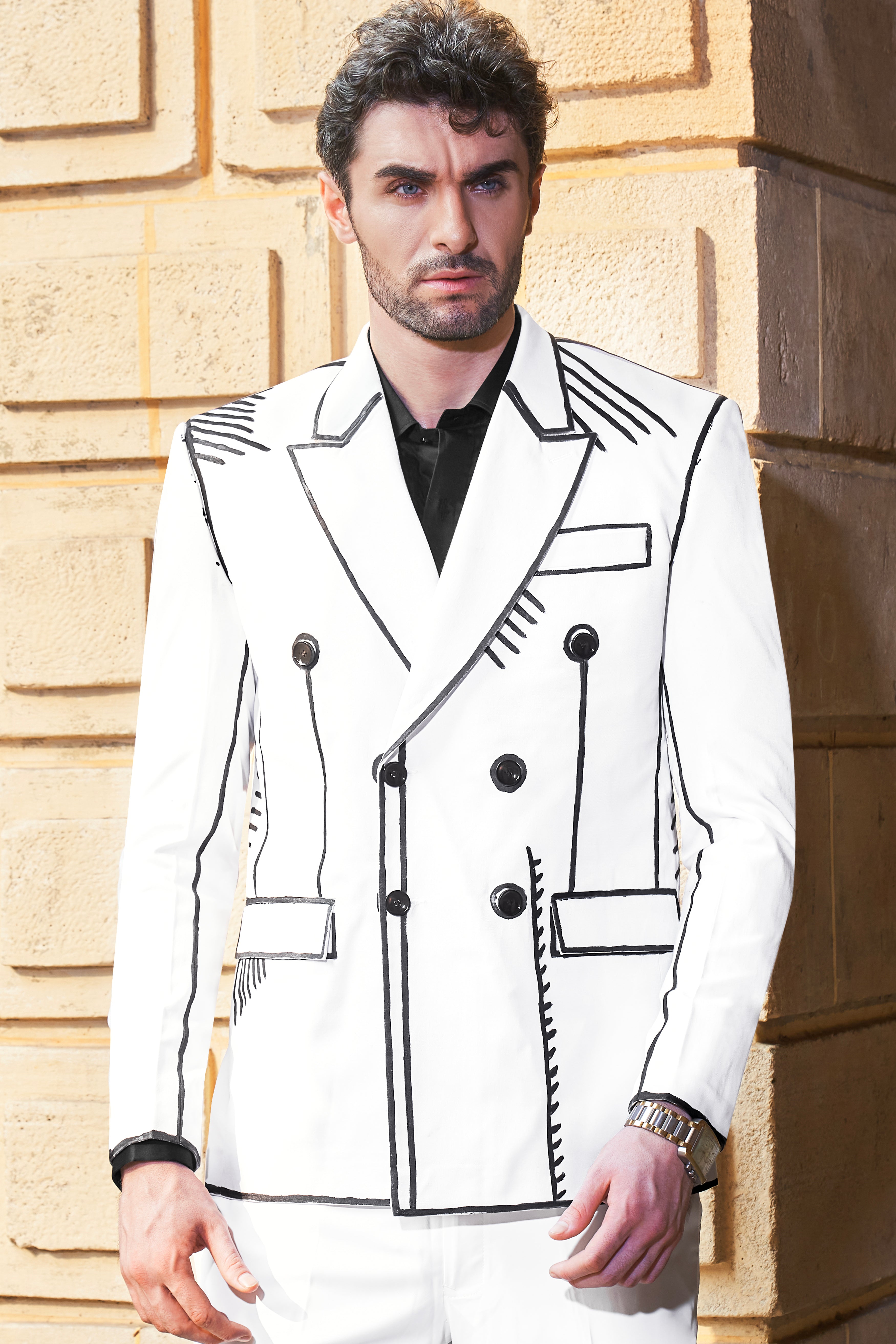 Bright White with Black Hand Painted Stretchable Designer Blazer