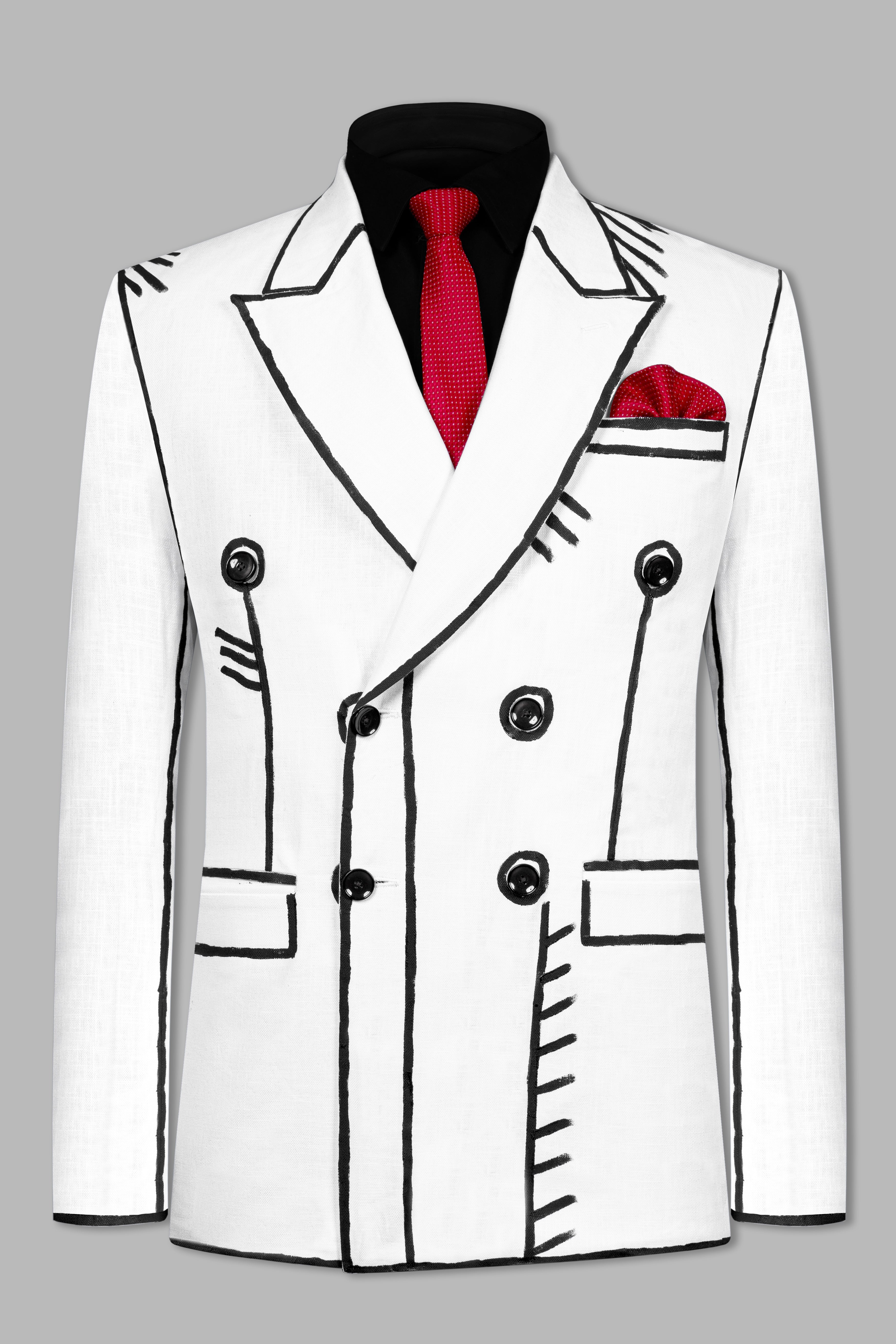 Bright White with Black Hand Painted Stretchable Designer Luxurious Linen Blazer