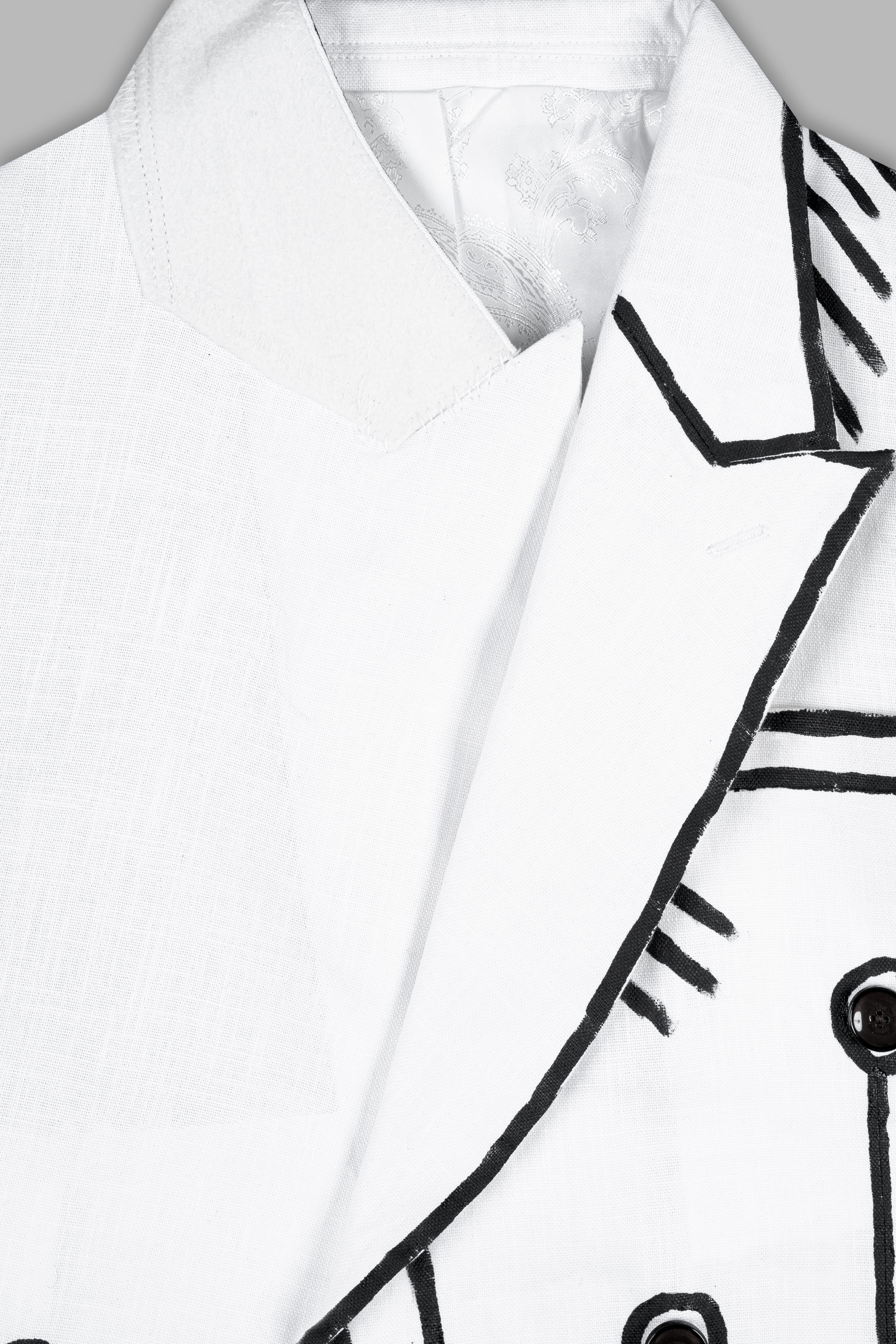 Bright White with Black Hand Painted Stretchable Designer Luxurious Linen Blazer
