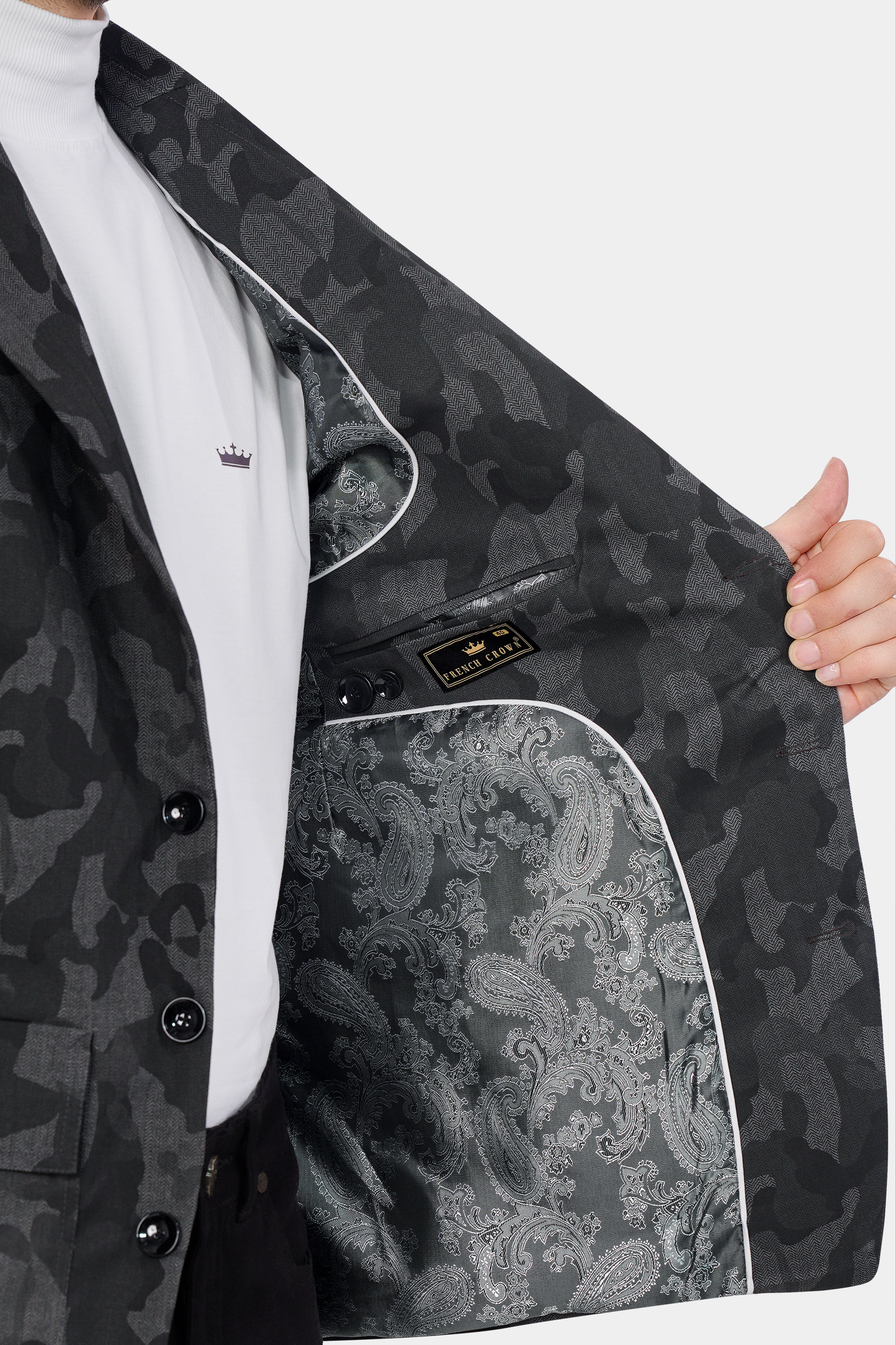 Merengo Gray and Baltic Sea Black Premium Cotton Blazer BL3018-SBP-D114-36, BL3018-SBP-D114-38, BL3018-SBP-D114-40, BL3018-SBP-D114-42, BL3018-SBP-D114-44, BL3018-SBP-D114-46, BL3018-SBP-D114-48, BL3018-SBP-D114-50, BL3018-SBP-D114-52, BL3018-SBP-D114-54, BL3018-SBP-D114-56, BL3018-SBP-D114-58, BL3018-SBP-D114-60