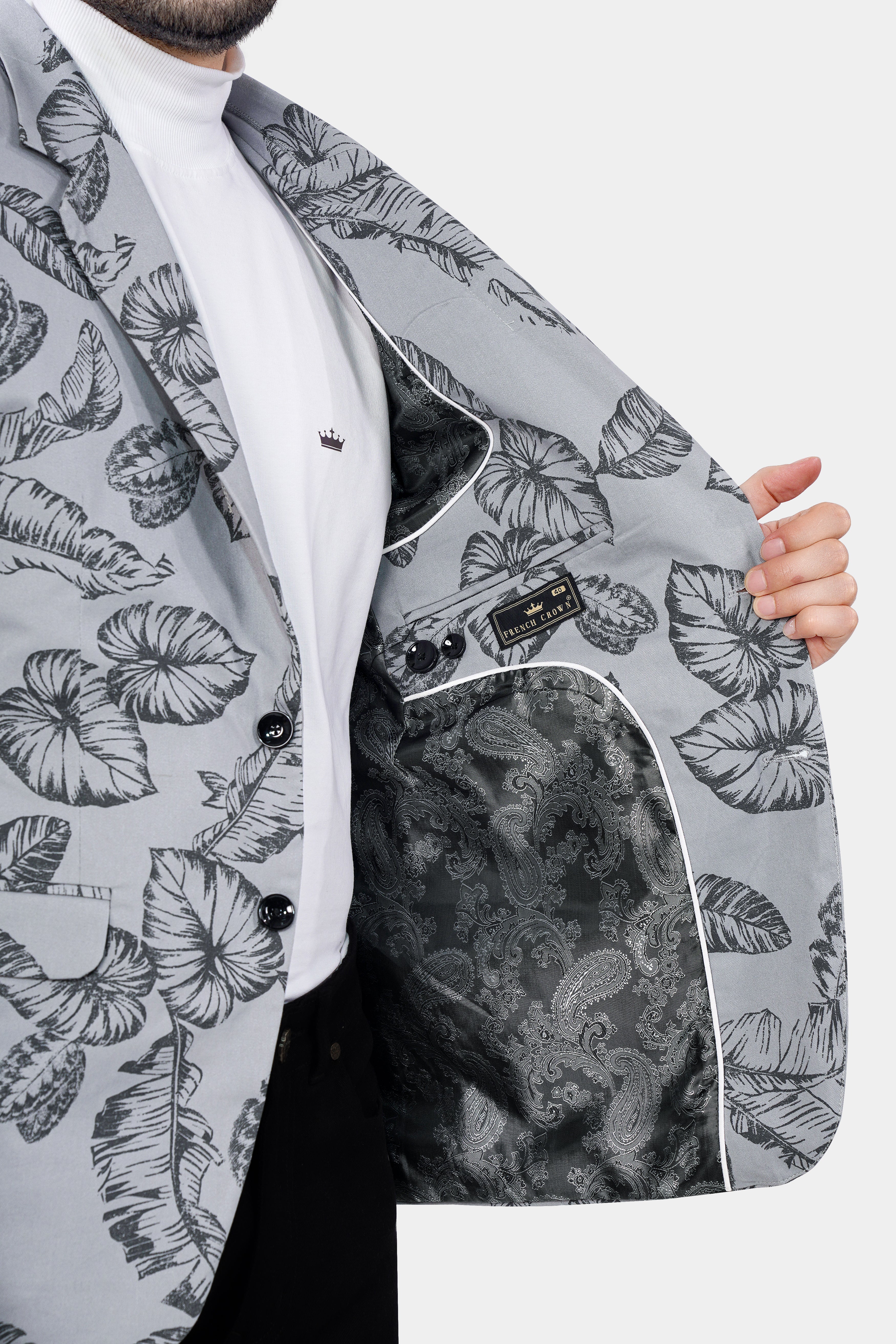 Gainsboro and Comet Gray Leaves Printed Premium Cotton Blazer BL3019-SB-36, BL3019-SB-38, BL3019-SB-40, BL3019-SB-42, BL3019-SB-44, BL3019-SB-46, BL3019-SB-48, BL3019-SB-50, BL3019-SB-52, BL3019-SB-54, BL3019-SB-56, BL3019-SB-58, BL3019-SB-60