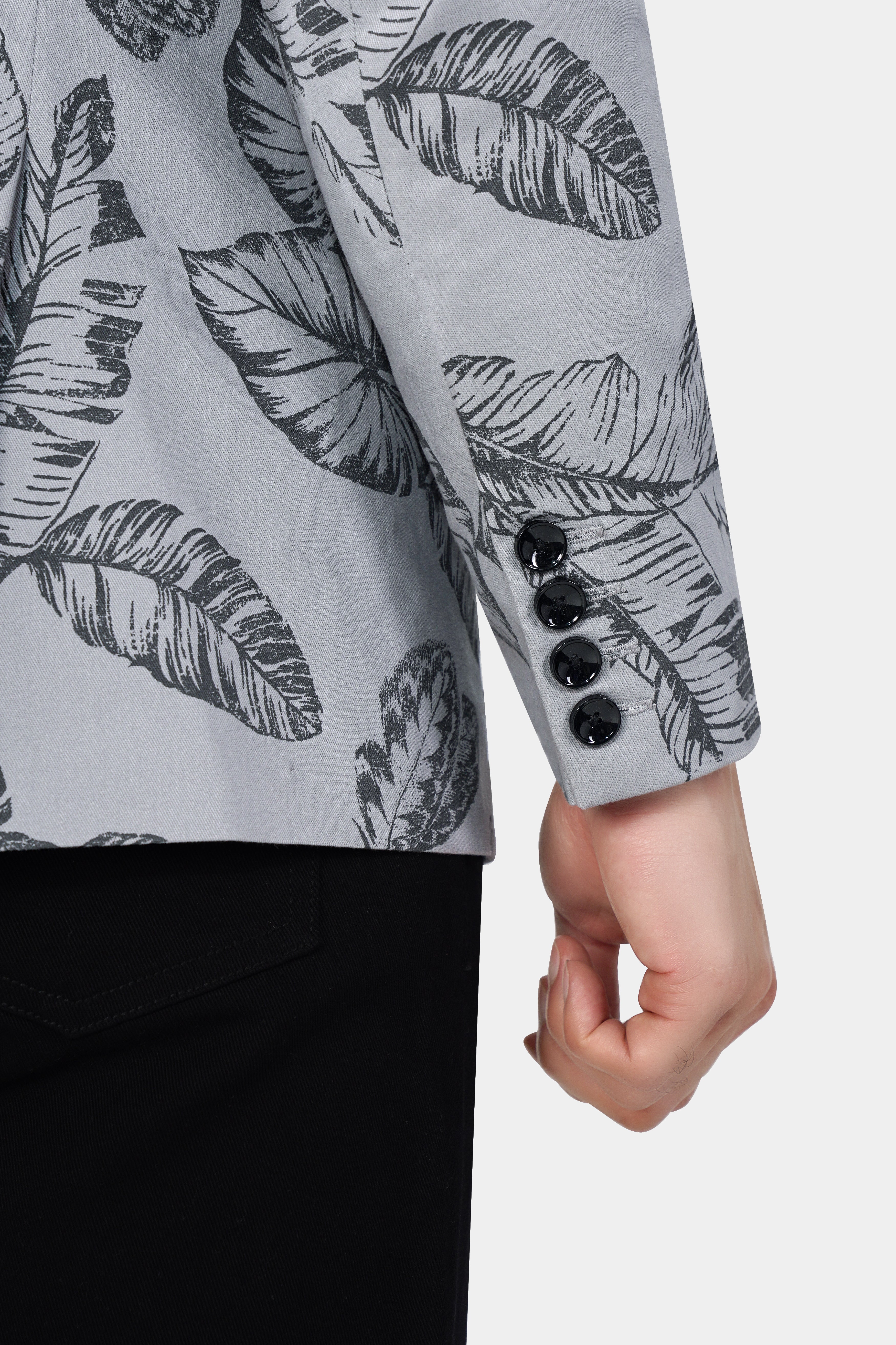 Gainsboro and Comet Gray Leaves Printed Premium Cotton Blazer BL3019-SB-36, BL3019-SB-38, BL3019-SB-40, BL3019-SB-42, BL3019-SB-44, BL3019-SB-46, BL3019-SB-48, BL3019-SB-50, BL3019-SB-52, BL3019-SB-54, BL3019-SB-56, BL3019-SB-58, BL3019-SB-60