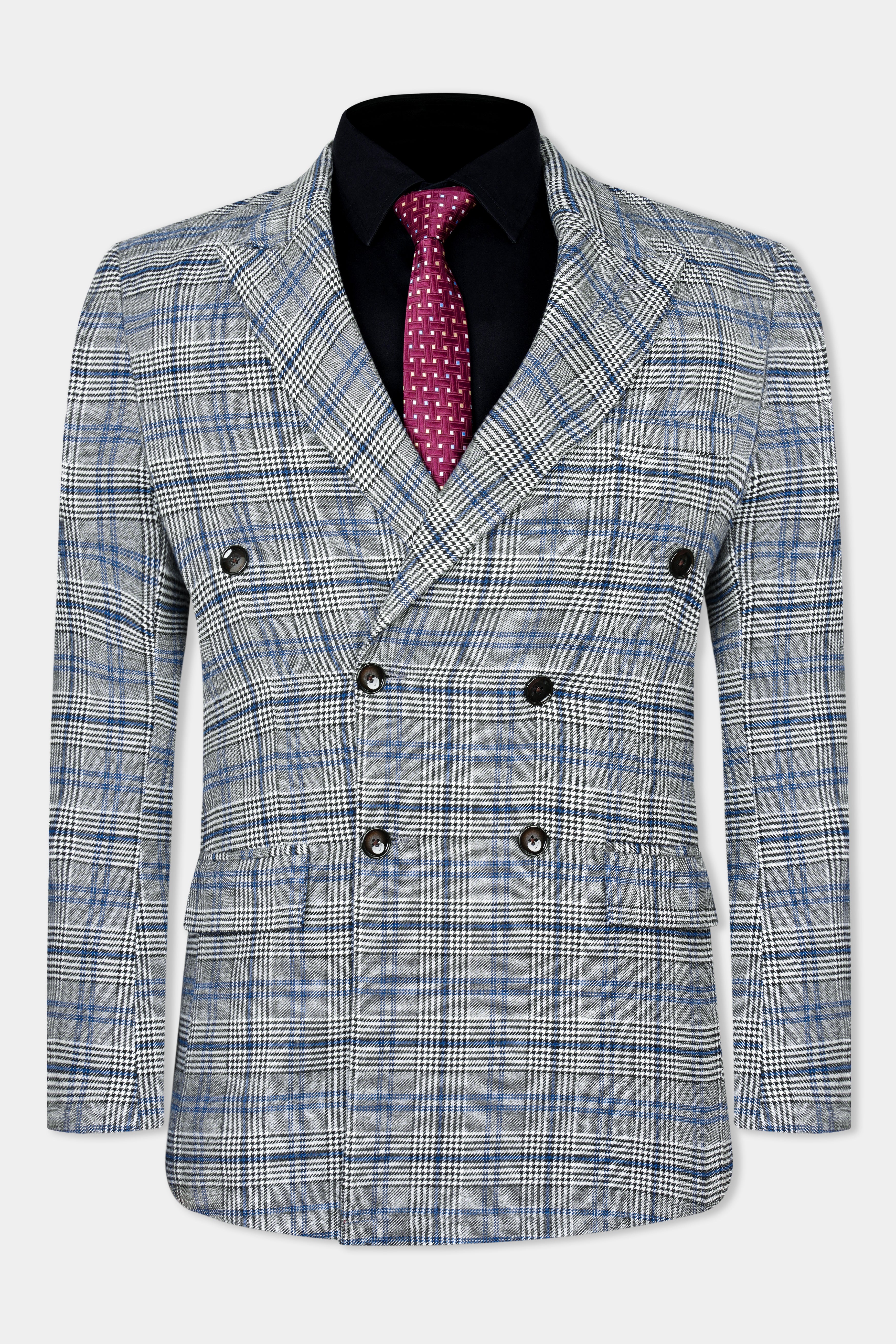 Chalice Gray and Chathams Blue Plaid Houndstooth Tweed Double-Breasted Blazer BL3027-DB-36, BL3027-DB-38, BL3027-DB-40, BL3027-DB-42, BL3027-DB-44, BL3027-DB-46, BL3027-DB-48, BL3027-DB-50, BL3027-DB-52, BL3027-DB-54, BL3027-DB-56, BL3027-DB-58, BL3027-DB-60