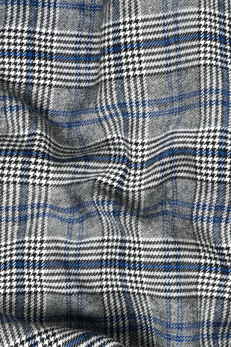 Chalice Gray and Chathams Blue Plaid Houndstooth Tweed Double-Breasted Blazer