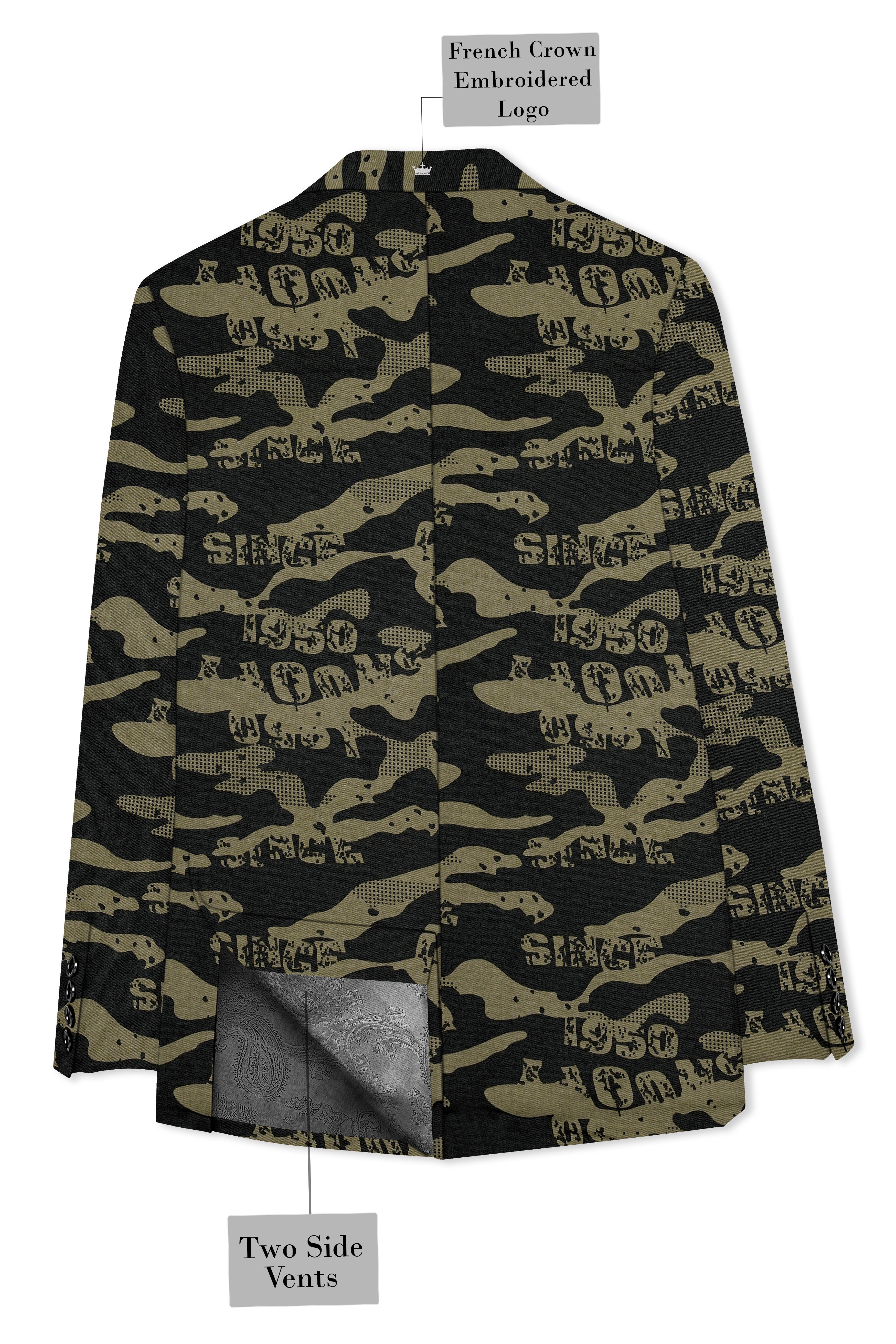 Jade Black and Woodland Green Printed Premium Cotton Single-Breasted Blazer