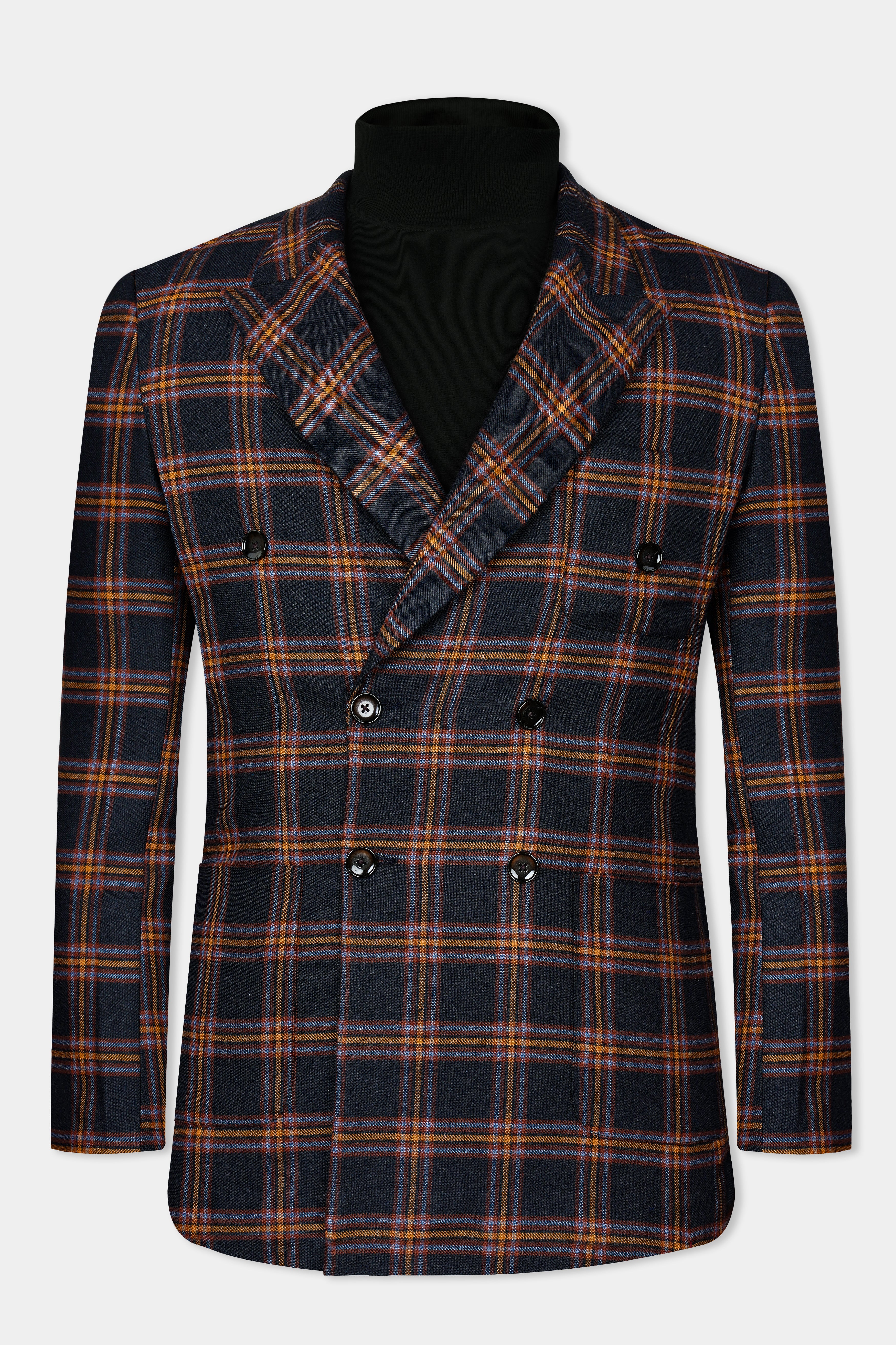 Ebony Blue and Mocha Brown Plaid Tweed Double Breasted Blazer BL3046-DB-PP-36, BL3046-DB-PP-38, BL3046-DB-PP-40, BL3046-DB-PP-42, BL3046-DB-PP-44, BL3046-DB-PP-46, BL3046-DB-PP-48, BL3046-DB-PP-50, BL3046-DB-PP-52, BL3046-DB-PP-54, BL3046-DB-PP-56, BL3046-DB-PP-58, BL3046-DB-PP-60