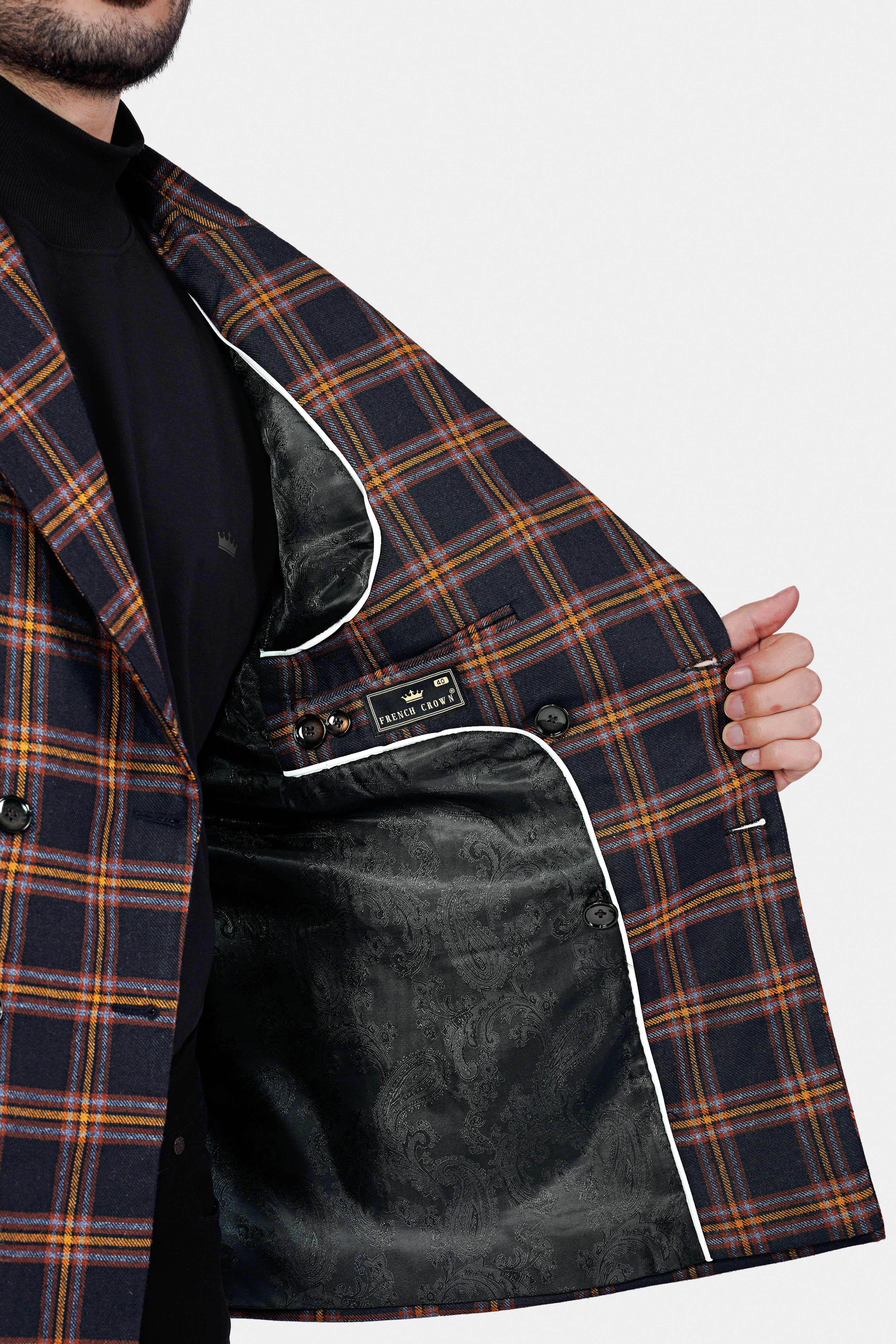Ebony Blue and Mocha Brown Plaid Tweed Double Breasted Blazer BL3046-DB-PP-36, BL3046-DB-PP-38, BL3046-DB-PP-40, BL3046-DB-PP-42, BL3046-DB-PP-44, BL3046-DB-PP-46, BL3046-DB-PP-48, BL3046-DB-PP-50, BL3046-DB-PP-52, BL3046-DB-PP-54, BL3046-DB-PP-56, BL3046-DB-PP-58, BL3046-DB-PP-60