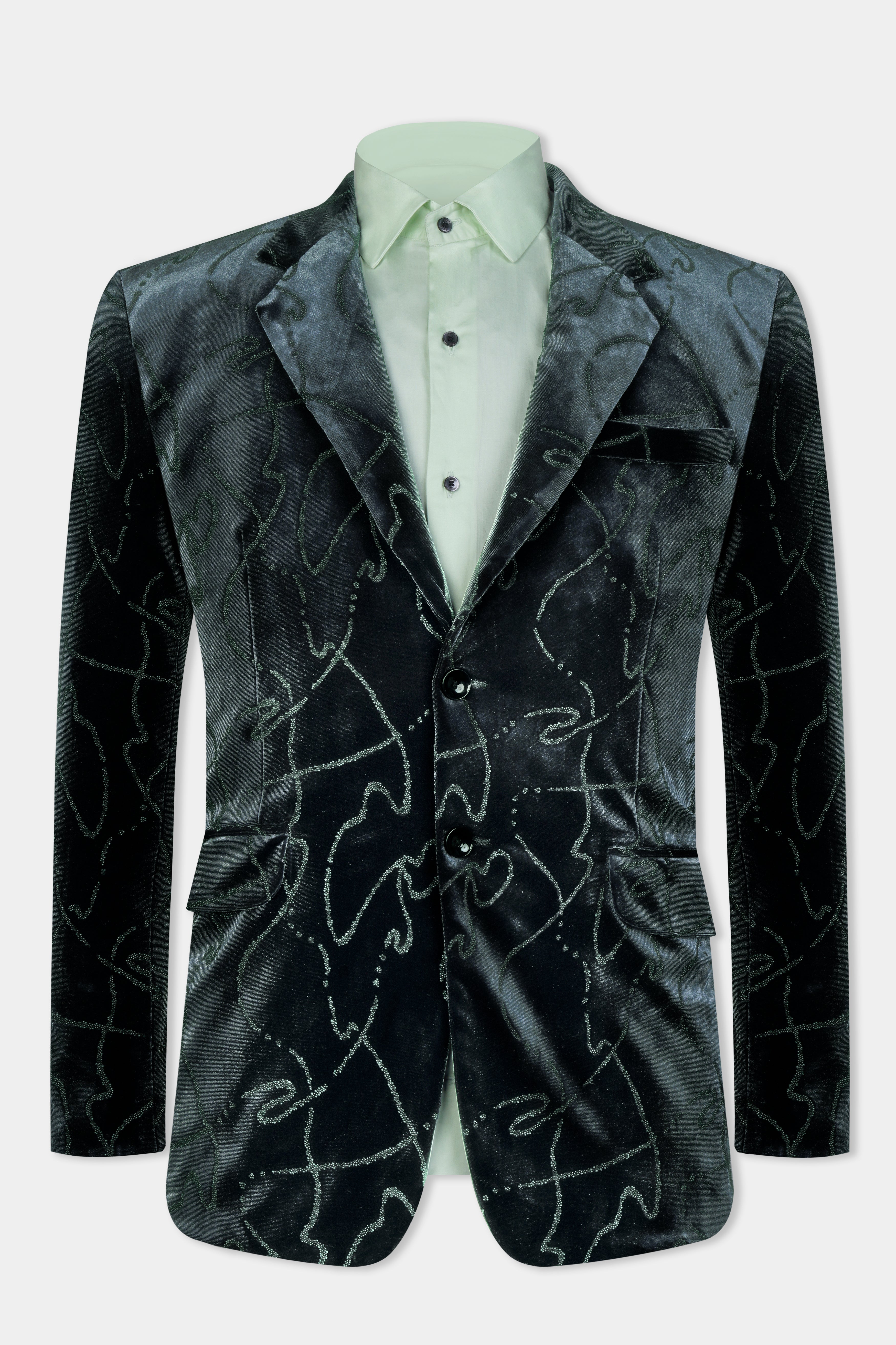 Kombu Green Stonework Velvet Designer Blazer BL3047-SB-36, BL3047-SB-38, BL3047-SB-40, BL3047-SB-42, BL3047-SB-44, BL3047-SB-46, BL3047-SB-48, BL3047-SB-50, BL3047-SB-52, BL3047-SB-54, BL3047-SB-56, BL3047-SB-58, BL3047-SB-60