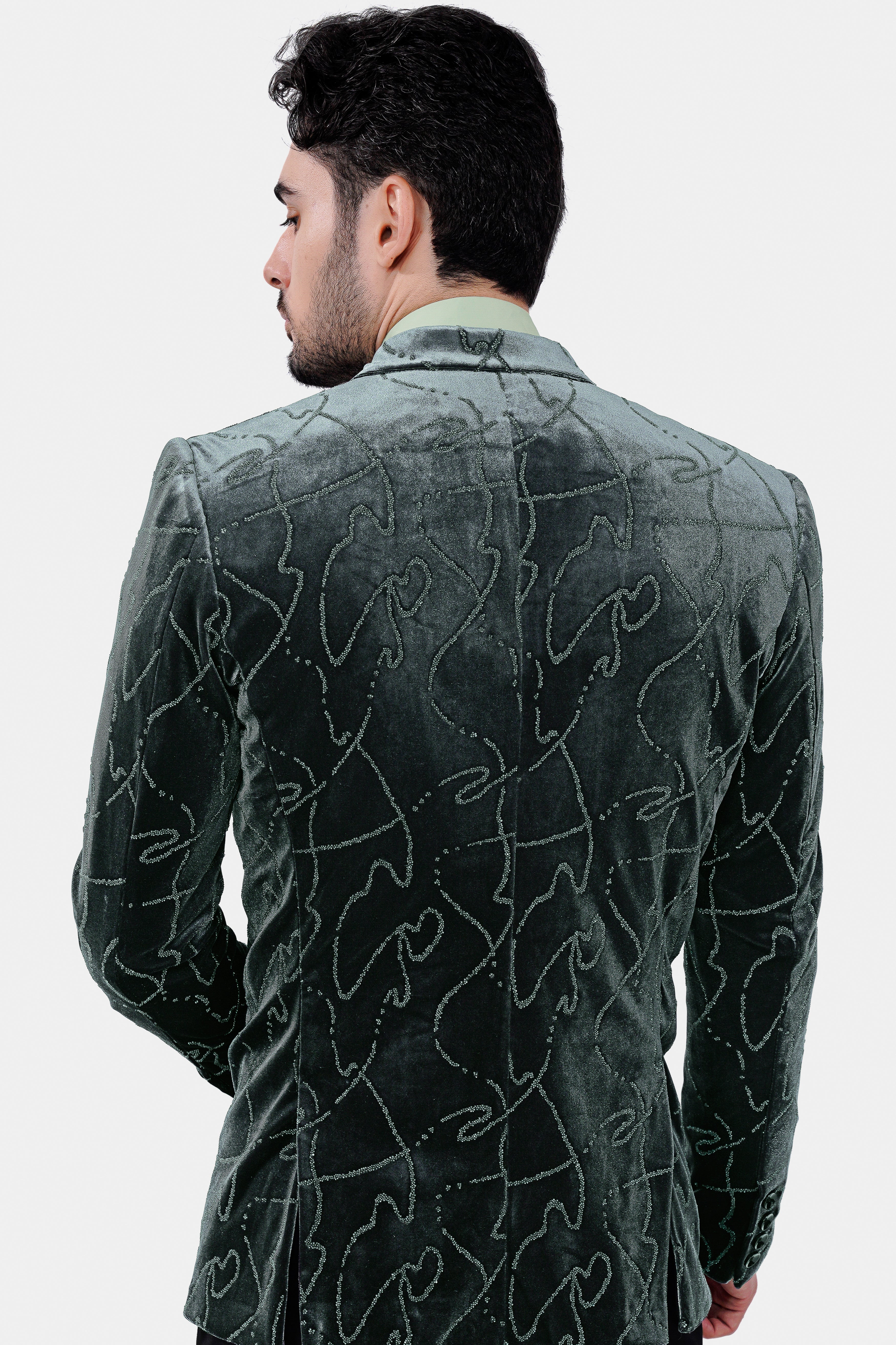 Kombu Green Stonework Velvet Designer Blazer BL3047-SB-36, BL3047-SB-38, BL3047-SB-40, BL3047-SB-42, BL3047-SB-44, BL3047-SB-46, BL3047-SB-48, BL3047-SB-50, BL3047-SB-52, BL3047-SB-54, BL3047-SB-56, BL3047-SB-58, BL3047-SB-60
