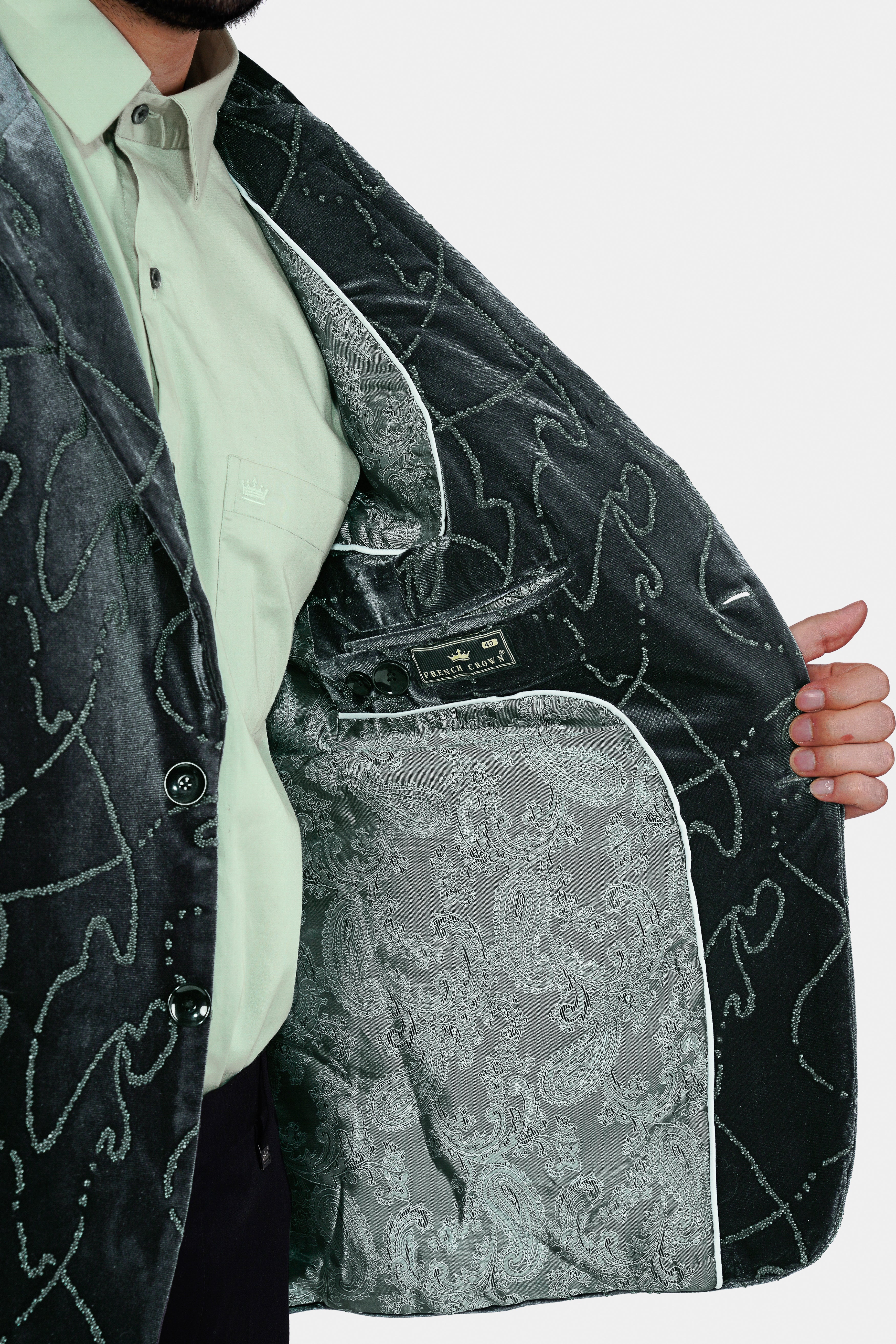 Kombu Green Stonework Velvet Designer Blazer BL3047-SB-36, BL3047-SB-38, BL3047-SB-40, BL3047-SB-42, BL3047-SB-44, BL3047-SB-46, BL3047-SB-48, BL3047-SB-50, BL3047-SB-52, BL3047-SB-54, BL3047-SB-56, BL3047-SB-58, BL3047-SB-60