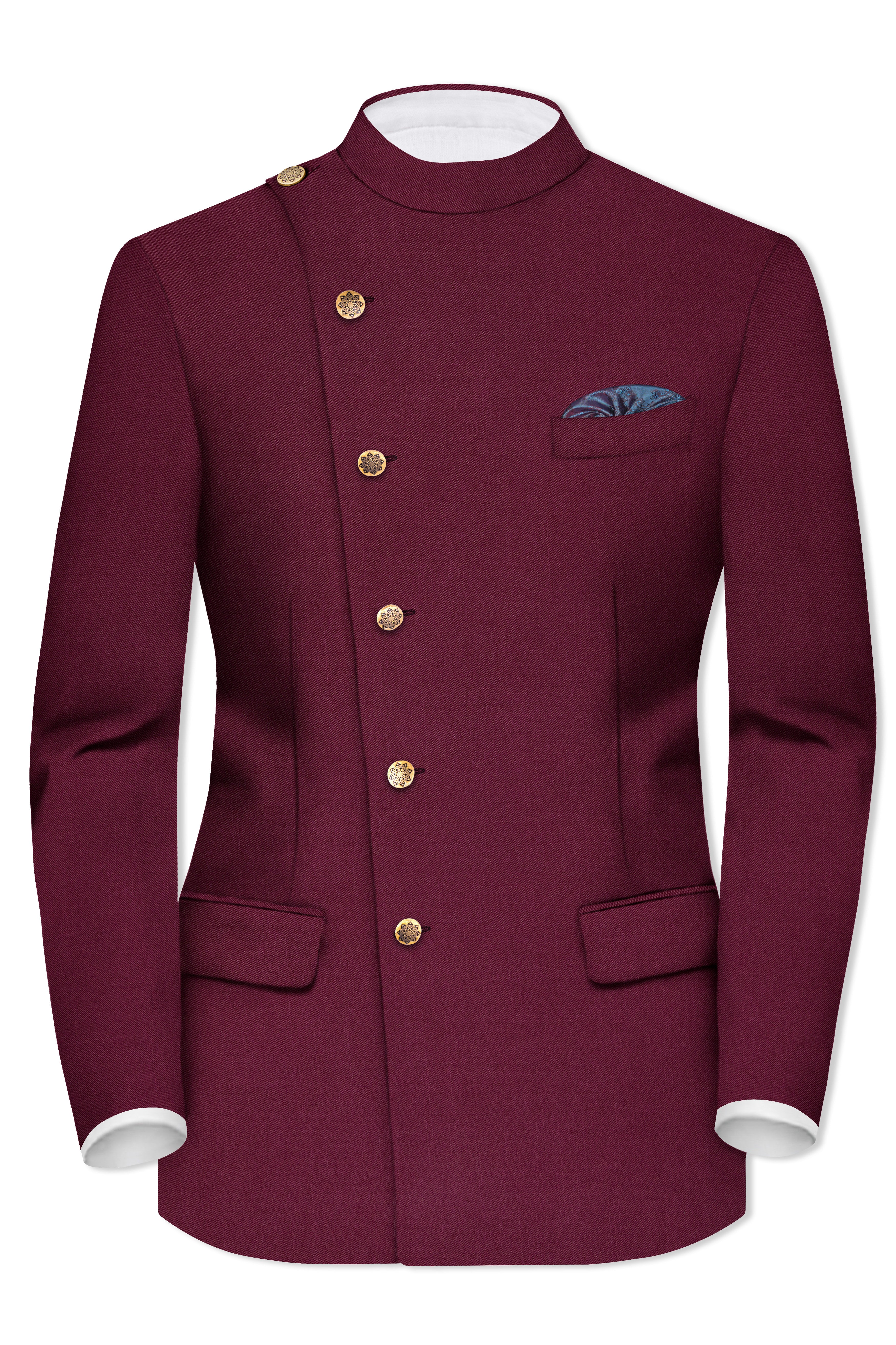 Bordeaux Maroon Cross Placket Wool Rich Bandhgala Blazer