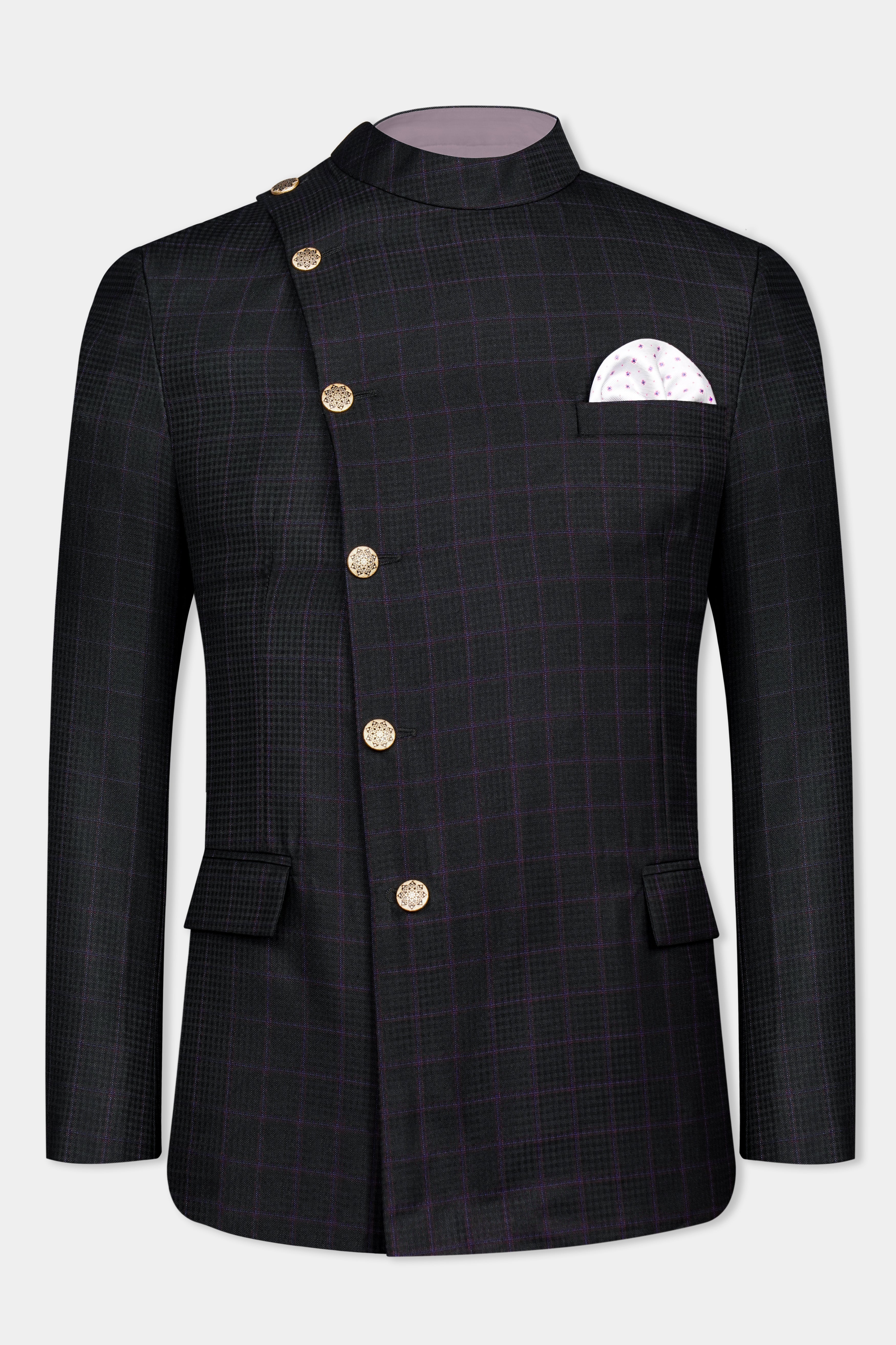 Bastille Black and Murasaki Purple Windowpane Cross Buttoned Wool Rich Bandhgala Blazer BL3063-CBG2-36, BL3063-CBG2-38, BL3063-CBG2-40, BL3063-CBG2-42, BL3063-CBG2-44, BL3063-CBG2-46, BL3063-CBG2-48, BL3063-CBG2-50, BL3063-CBG2-52, BL3063-CBG2-54, BL3063-CBG2-56, BL3063-CBG2-58, BL3063-CBG2-60
