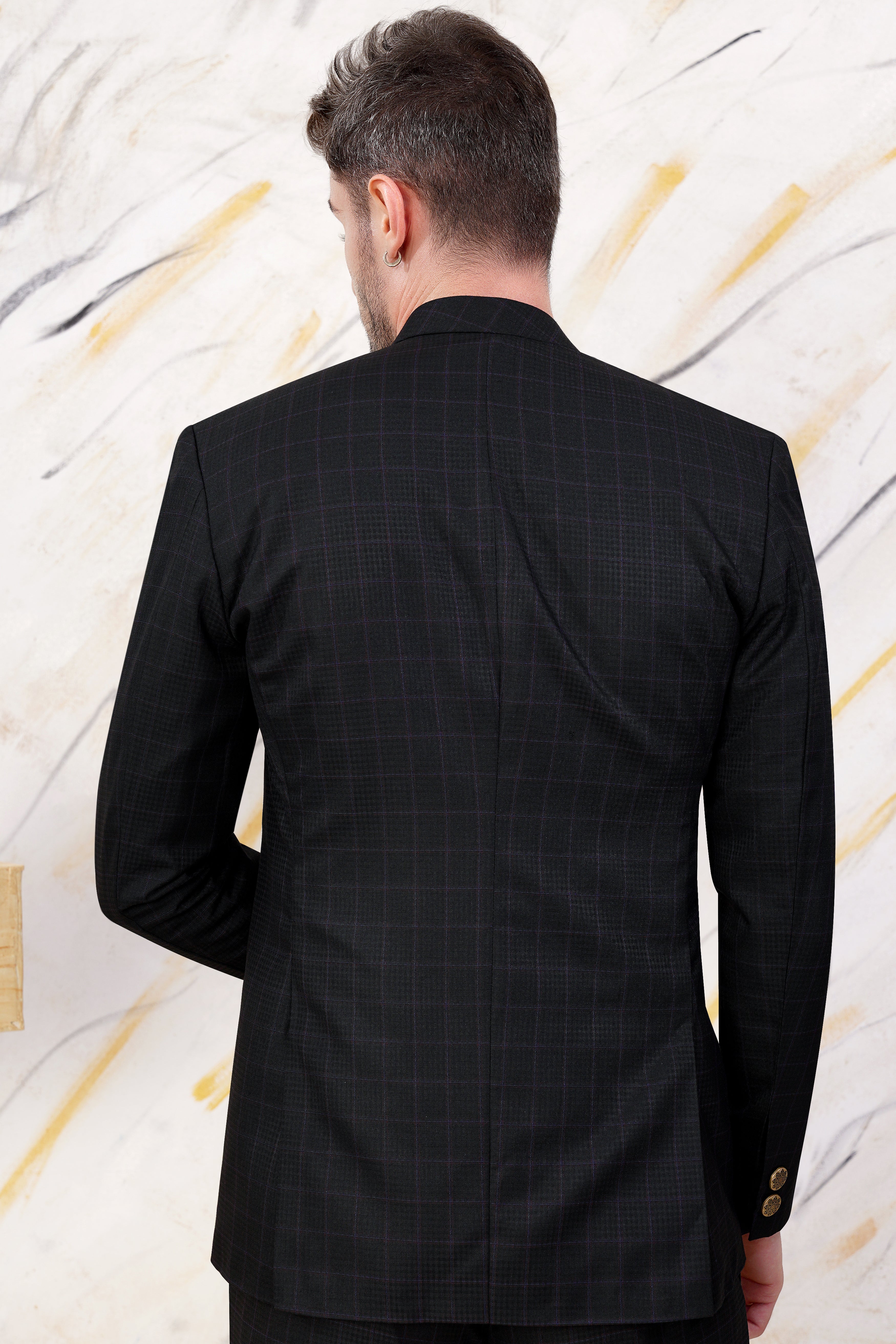 Bastille Black and Murasaki Purple Windowpane Cross Buttoned Wool Rich Bandhgala Blazer BL3063-CBG2-36, BL3063-CBG2-38, BL3063-CBG2-40, BL3063-CBG2-42, BL3063-CBG2-44, BL3063-CBG2-46, BL3063-CBG2-48, BL3063-CBG2-50, BL3063-CBG2-52, BL3063-CBG2-54, BL3063-CBG2-56, BL3063-CBG2-58, BL3063-CBG2-60