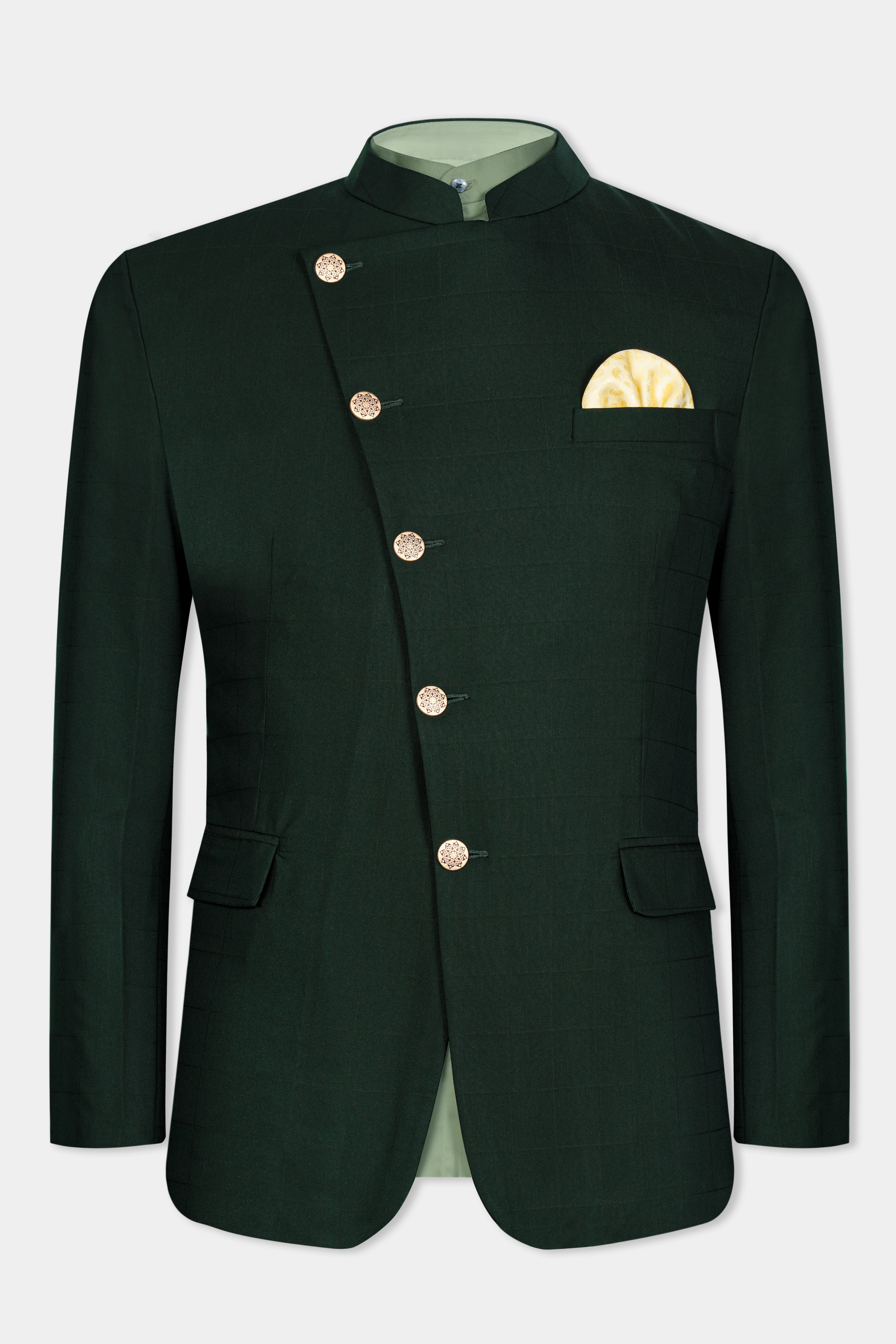 Sacramento Green Cross Buttoned Bandhgala Wool Rich Blazer BL3066-CBG-36, BL3066-CBG-38, BL3066-CBG-40, BL3066-CBG-42, BL3066-CBG-44, BL3066-CBG-46, BL3066-CBG-48, BL3066-CBG-50, BL3066-CBG-52, BL3066-CBG-54, BL3066-CBG-56, BL3066-CBG-58, BL3066-CBG-60