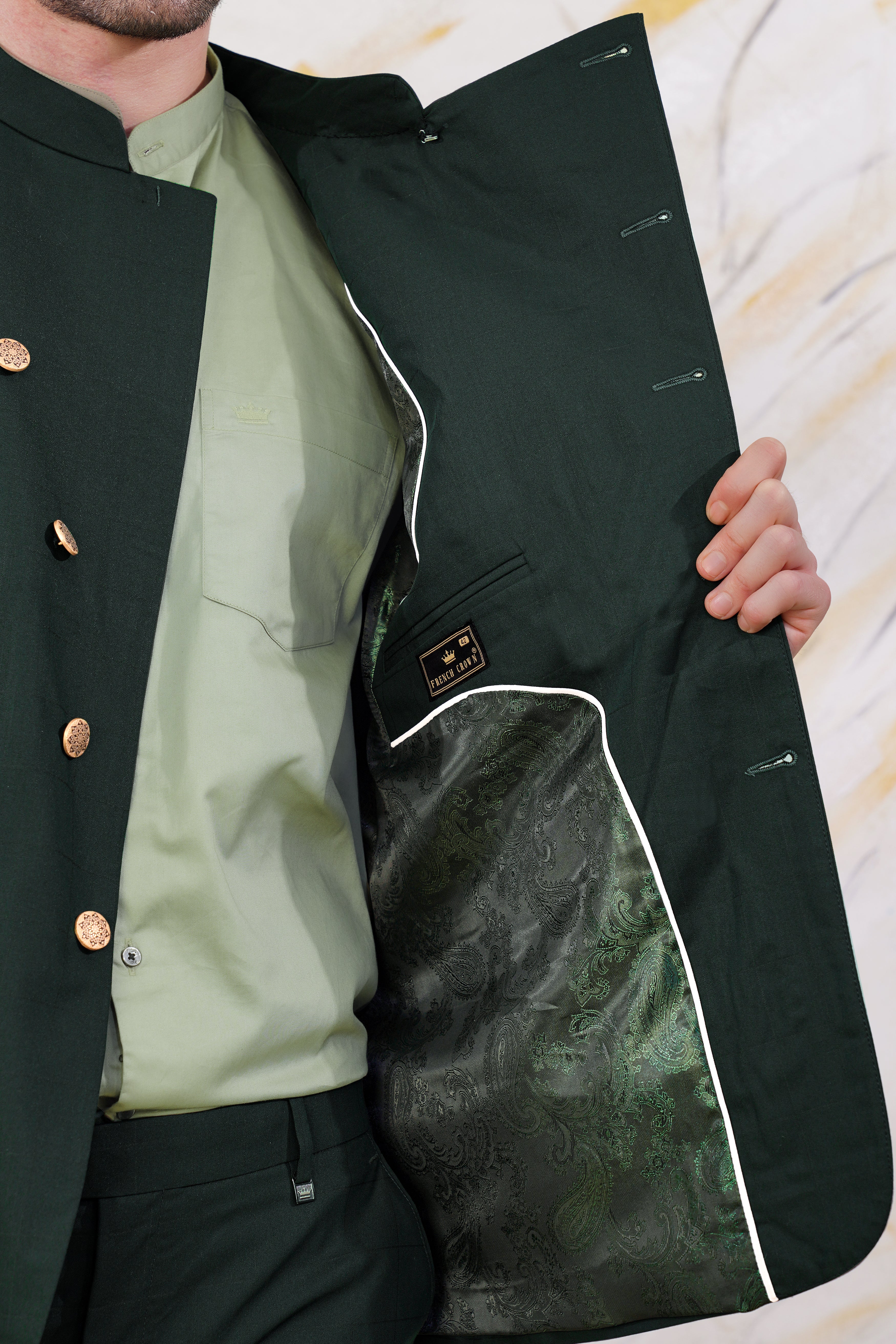 Sacramento Green Cross Buttoned Bandhgala Wool Rich Blazer BL3066-CBG-36, BL3066-CBG-38, BL3066-CBG-40, BL3066-CBG-42, BL3066-CBG-44, BL3066-CBG-46, BL3066-CBG-48, BL3066-CBG-50, BL3066-CBG-52, BL3066-CBG-54, BL3066-CBG-56, BL3066-CBG-58, BL3066-CBG-60