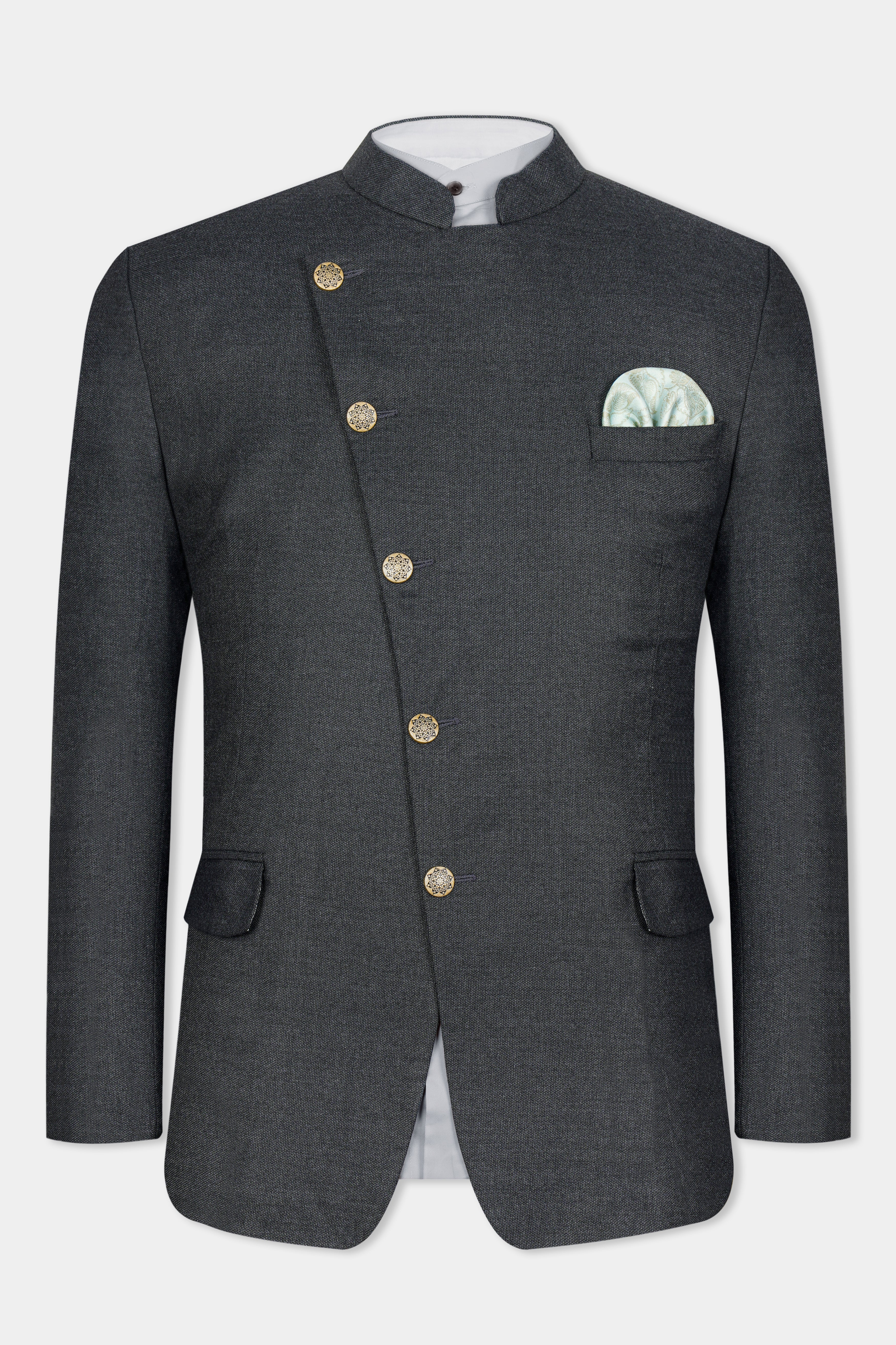 Gunmetal Grey Cross Buttoned Wool Rich Bandhgala Blazer BL3069-CBG-36, BL3069-CBG-38, BL3069-CBG-40, BL3069-CBG-42, BL3069-CBG-44, BL3069-CBG-46, BL3069-CBG-48, BL3069-CBG-50, BL3069-CBG-52, BL3069-CBG-54, BL3069-CBG-56, BL3069-CBG-58, BL3069-CBG-60
