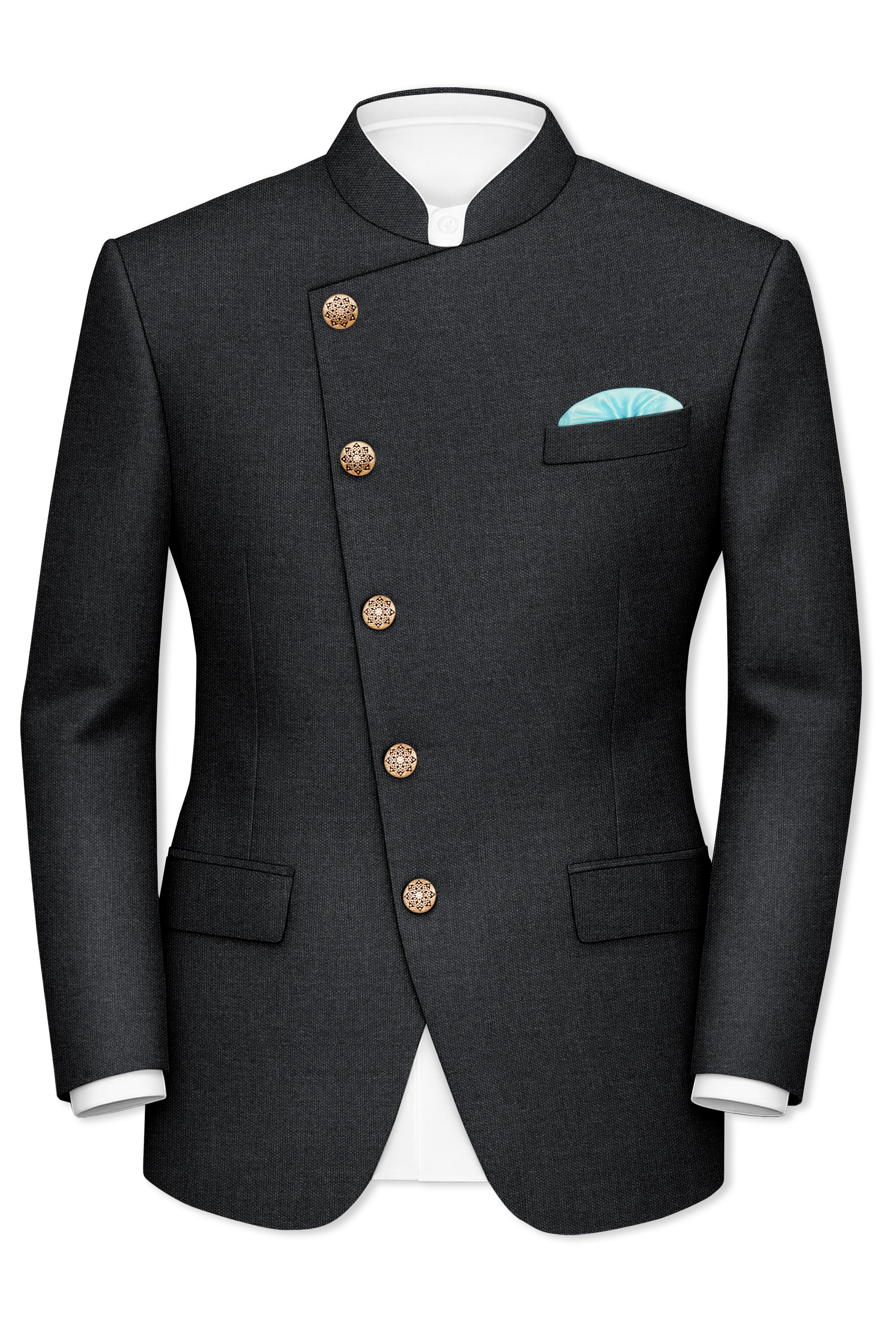 Gunmetal Grey Cross Placket Wool Rich Bandhgala Blazer