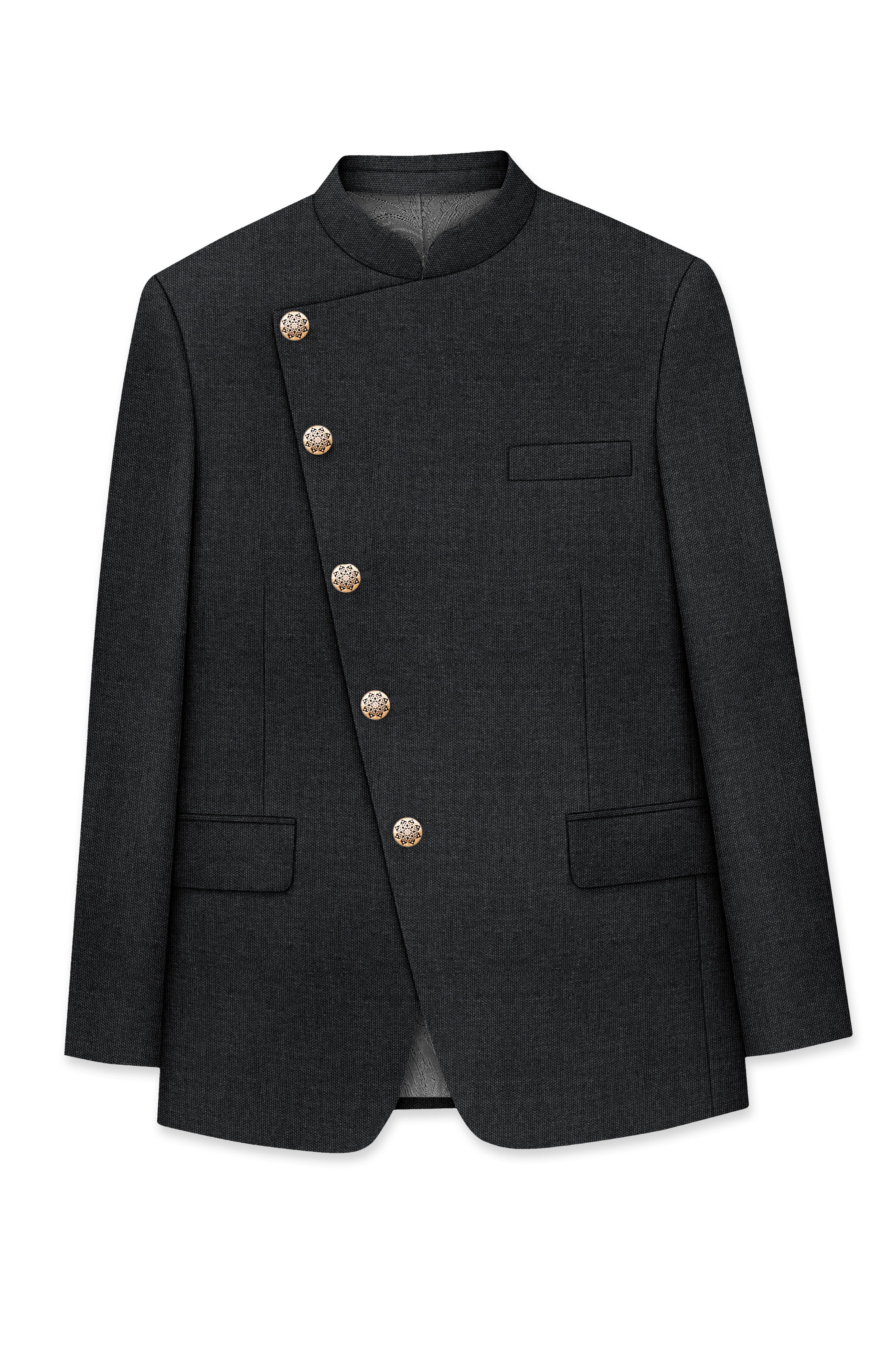 Gunmetal Grey Cross Placket Wool Rich Bandhgala Blazer