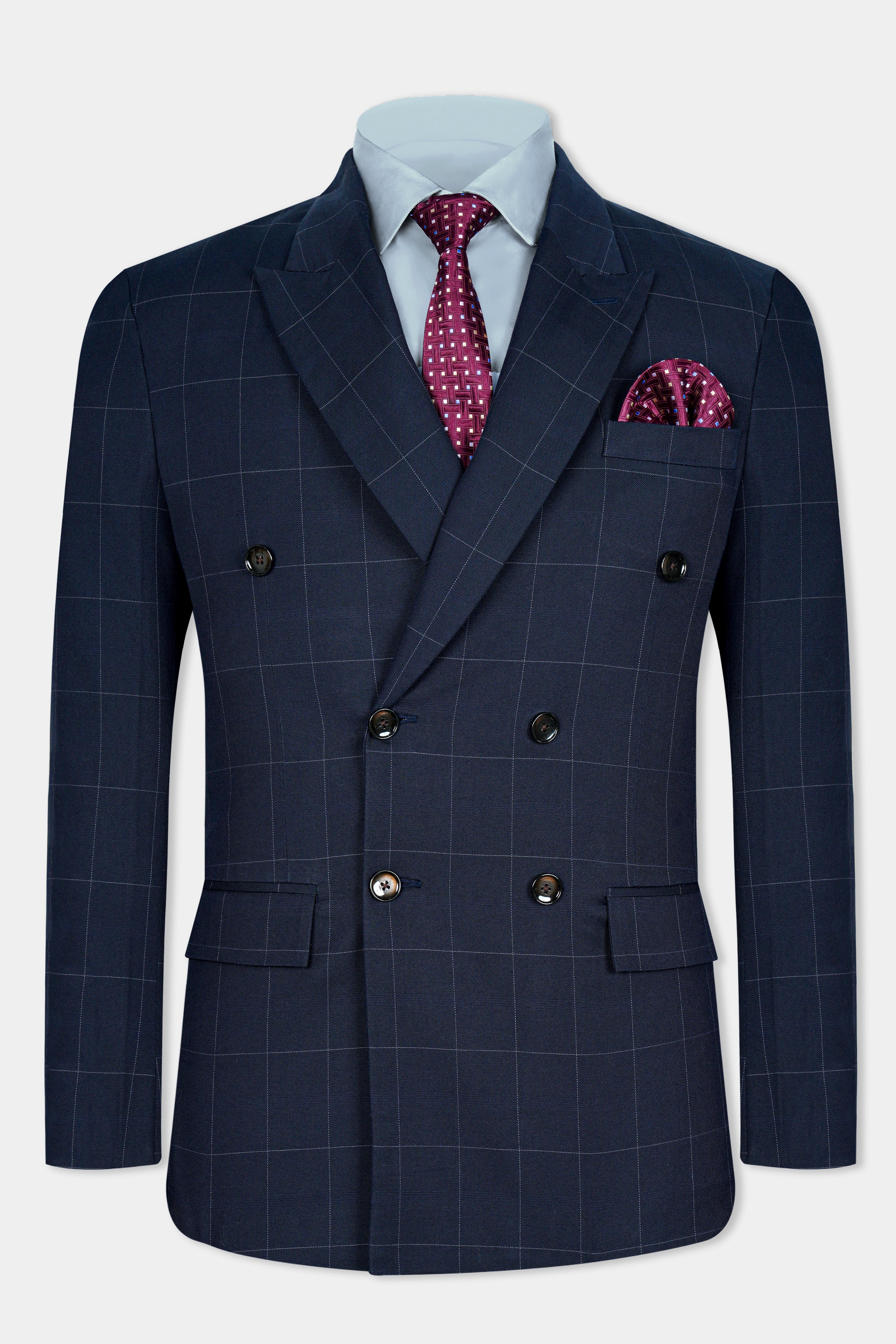 Ebony Blue Windowpane Premium Cotton Double Breasted Blazer BL3074-DB-36, BL3074-DB-38, BL3074-DB-40, BL3074-DB-42, BL3074-DB-44, BL3074-DB-46, BL3074-DB-48, BL3074-DB-50, BL3074-DB-52, BL3074-DB-54, BL3074-DB-56, BL3074-DB-58, BL3074-DB-60