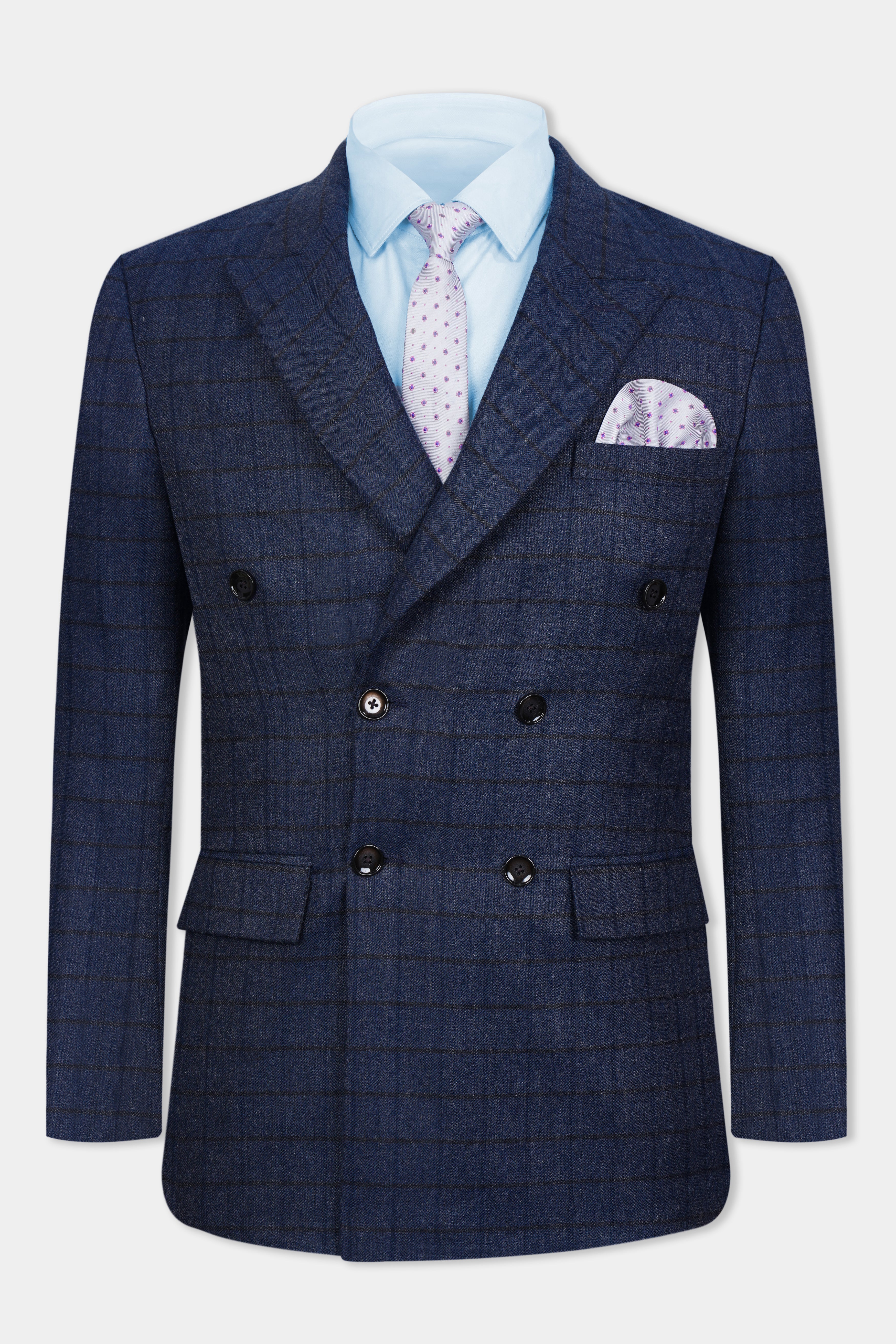 Ebony Clay Blue Windowpane Tweed Double Breasted Blazer BL3079-DB-36, BL3079-DB-38, BL3079-DB-40, BL3079-DB-42, BL3079-DB-44, BL3079-DB-46, BL3079-DB-48, BL3079-DB-50, BL3079-DB-52, BL3079-DB-54, BL3079-DB-56, BL3079-DB-58, BL3079-DB-60