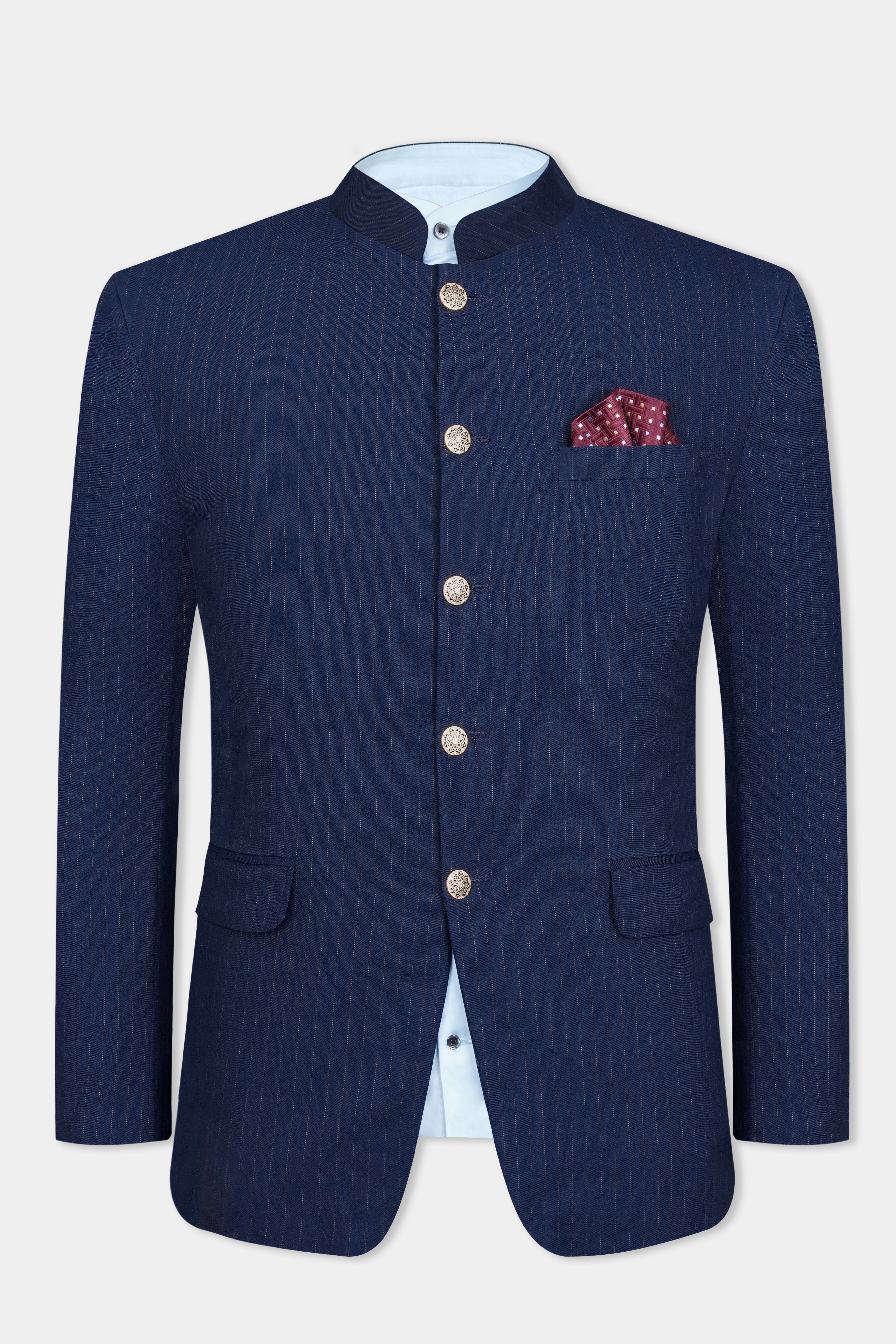 Ebony Clay Blue Striped Wool Rich Bandhgala Blazer BL3088-BG-36, BL3088-BG-38, BL3088-BG-40, BL3088-BG-42, BL3088-BG-44, BL3088-BG-46, BL3088-BG-48, BL3088-BG-50, BL3088-BG-52, BL3088-BG-54, BL3088-BG-56, BL3088-BG-58, BL3088-BG-60