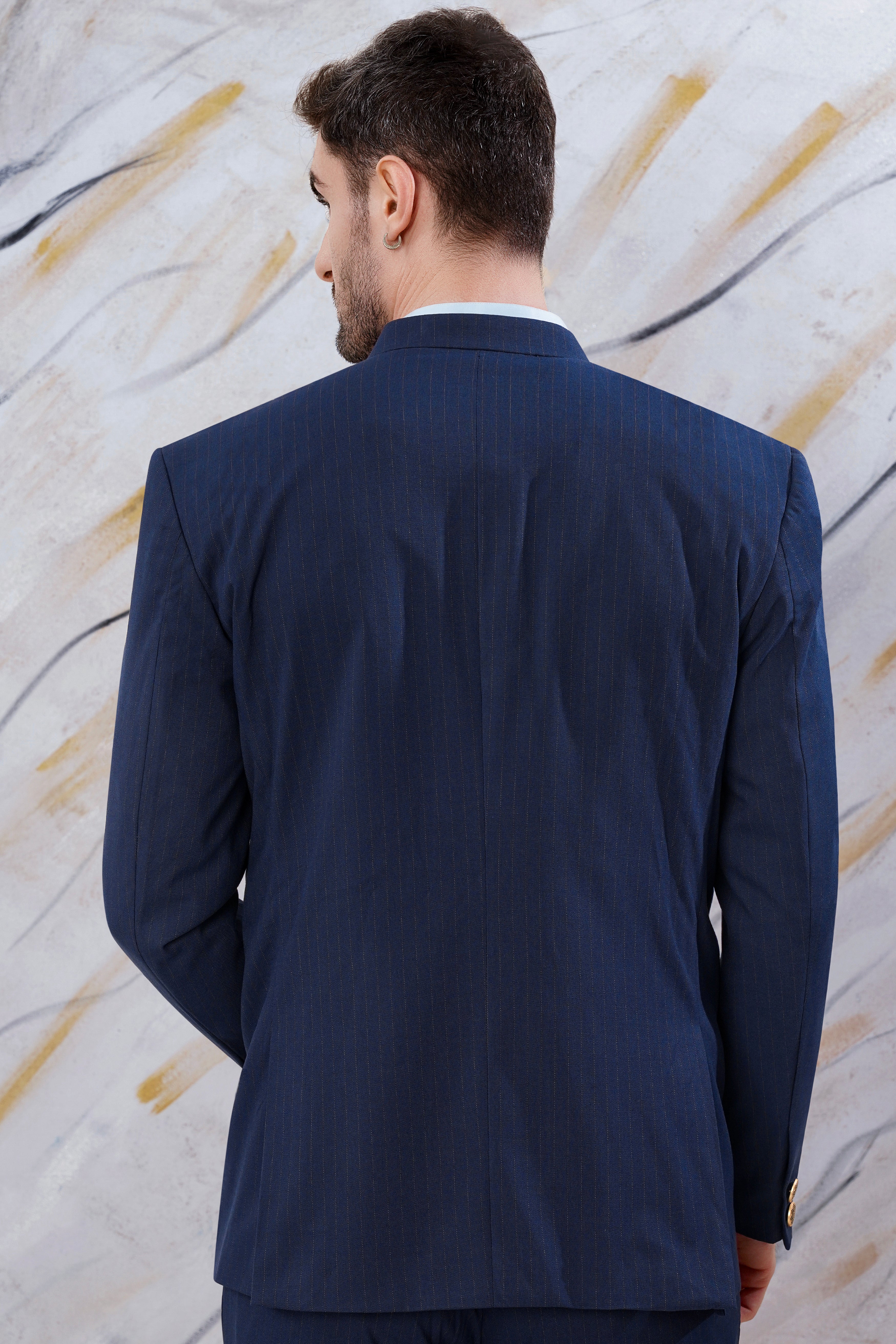 Ebony Clay Blue Striped Wool Rich Bandhgala Blazer BL3088-BG-36, BL3088-BG-38, BL3088-BG-40, BL3088-BG-42, BL3088-BG-44, BL3088-BG-46, BL3088-BG-48, BL3088-BG-50, BL3088-BG-52, BL3088-BG-54, BL3088-BG-56, BL3088-BG-58, BL3088-BG-60