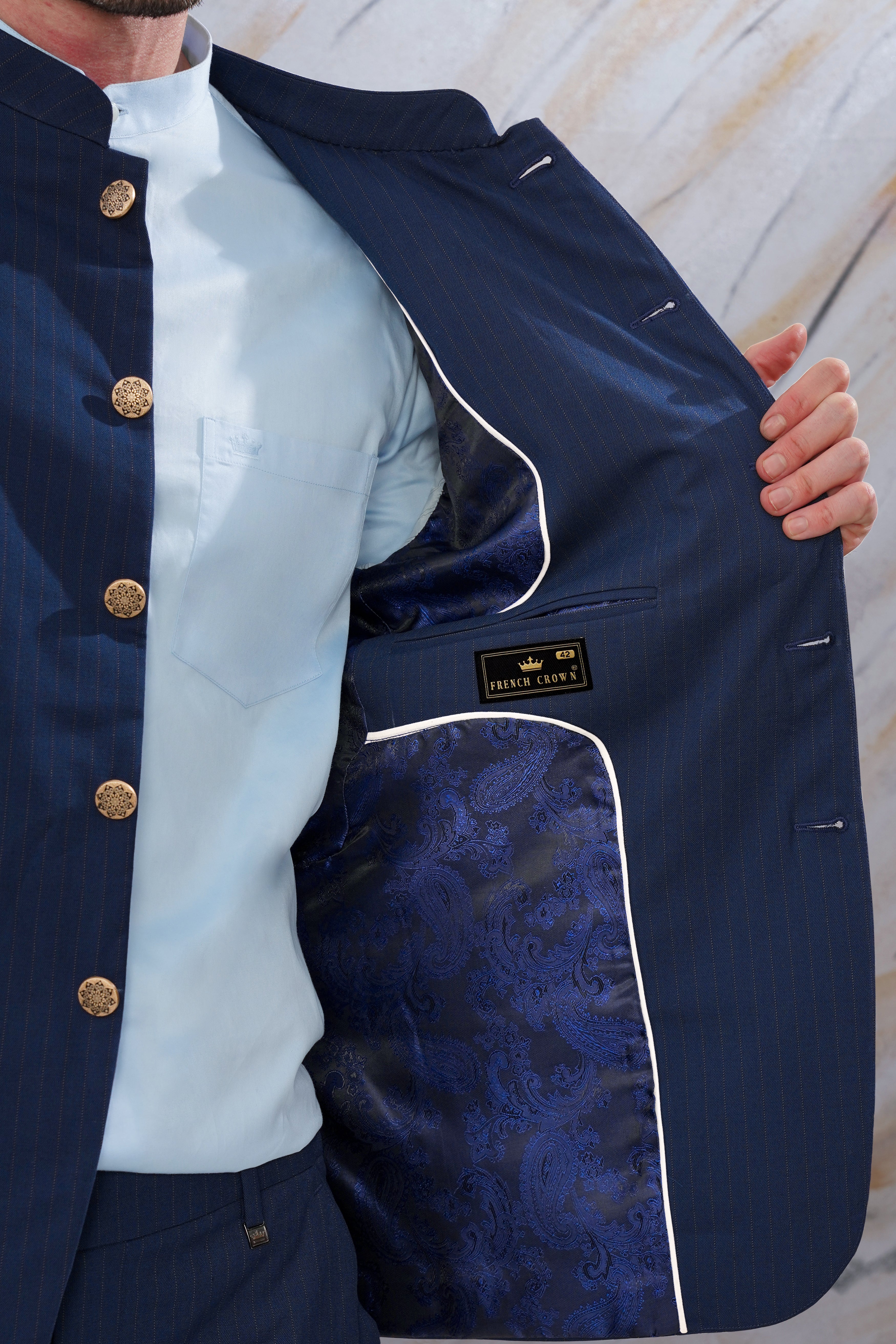 Ebony Clay Blue Striped Wool Rich Bandhgala Blazer BL3088-BG-36, BL3088-BG-38, BL3088-BG-40, BL3088-BG-42, BL3088-BG-44, BL3088-BG-46, BL3088-BG-48, BL3088-BG-50, BL3088-BG-52, BL3088-BG-54, BL3088-BG-56, BL3088-BG-58, BL3088-BG-60