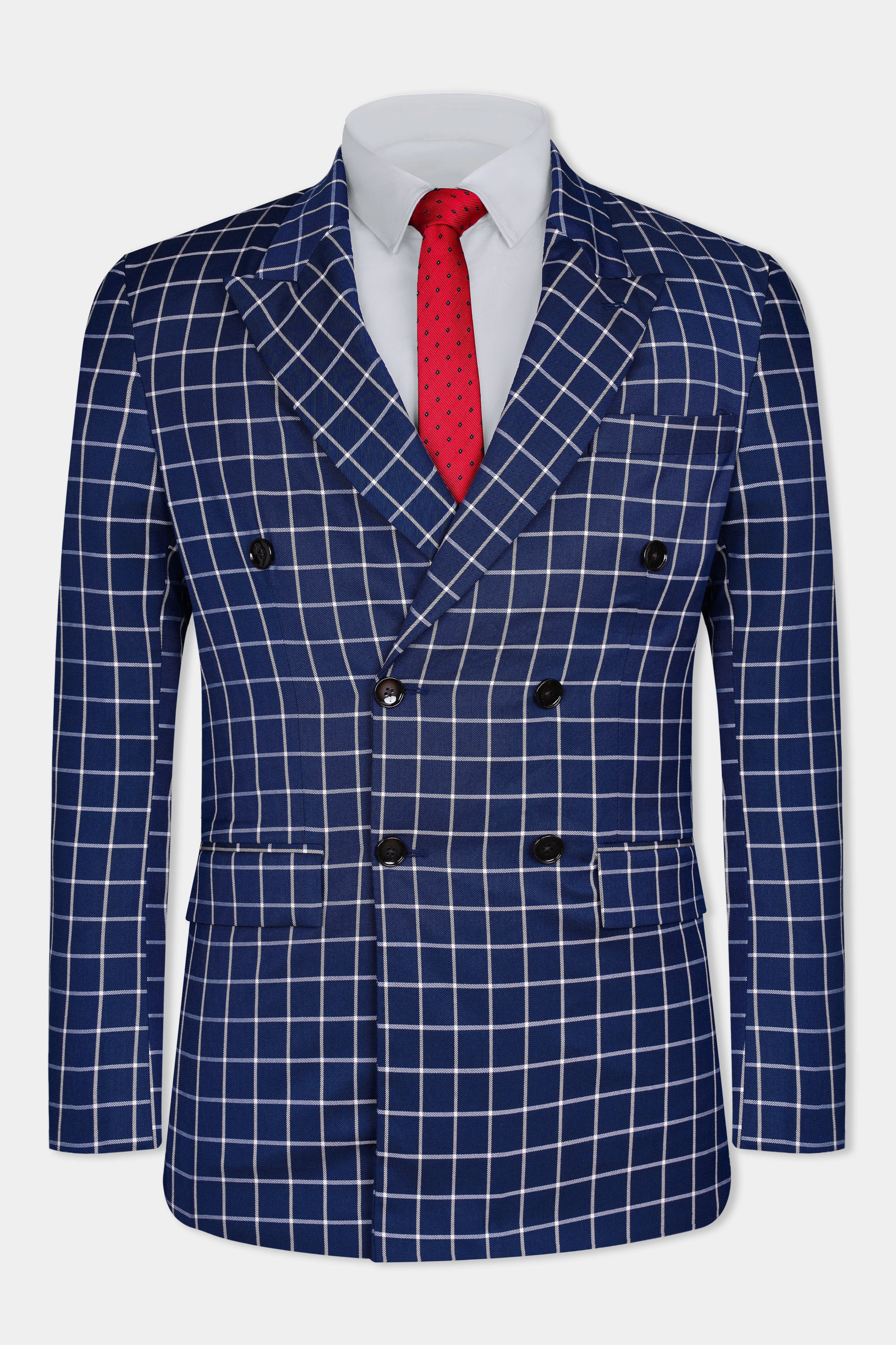 Marine Blue and White Windowpane Wool Rich Double Breasted Blazer BL3095-DB-36, BL3095-DB-38, BL3095-DB-40, BL3095-DB-42, BL3095-DB-44, BL3095-DB-46, BL3095-DB-48, BL3095-DB-50, BL3095-DB-52, BL3095-DB-54, BL3095-DB-56, BL3095-DB-58, BL3095-DB-60