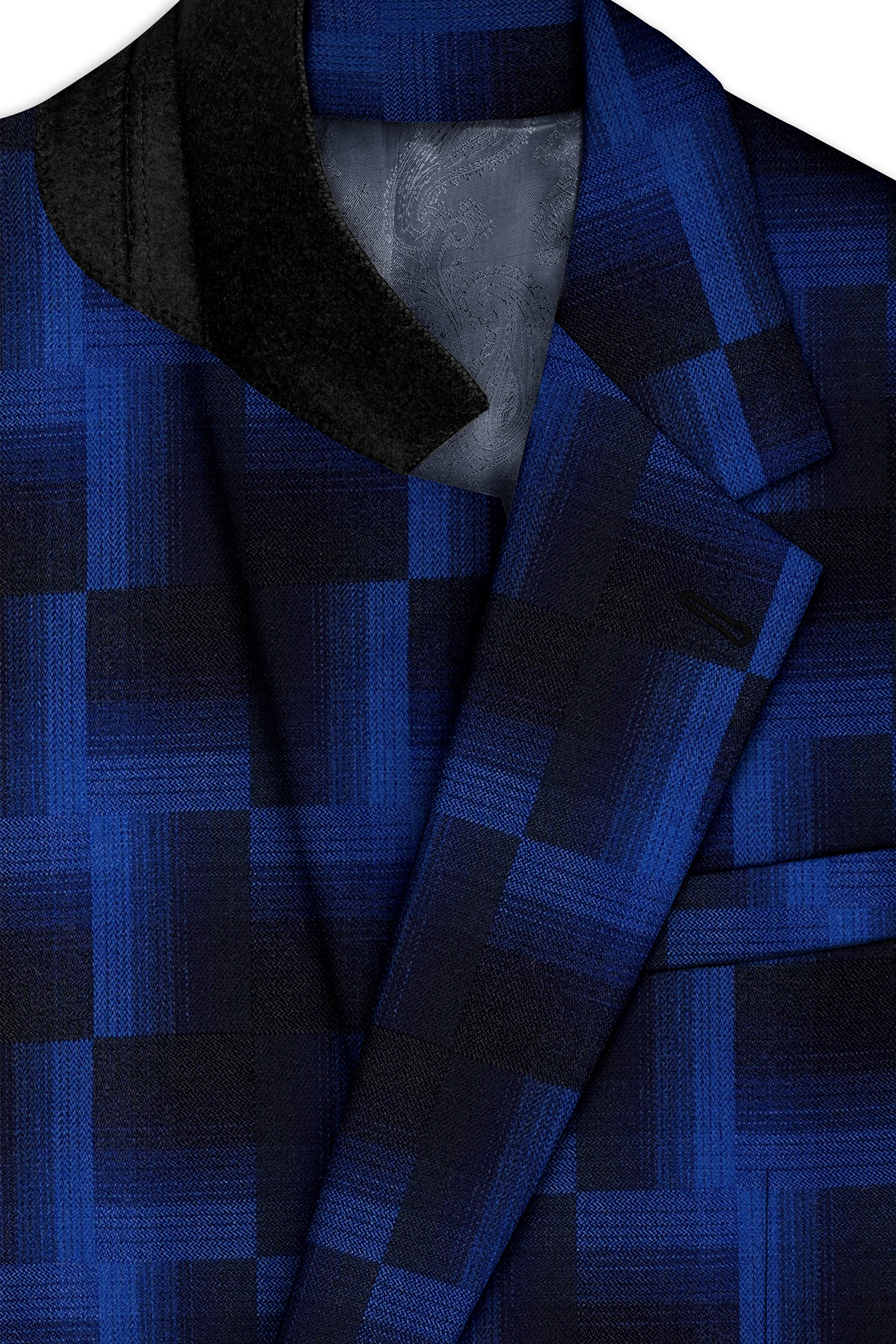 Marine Blue and Black Geometric Pattern Wool Rich Blazer