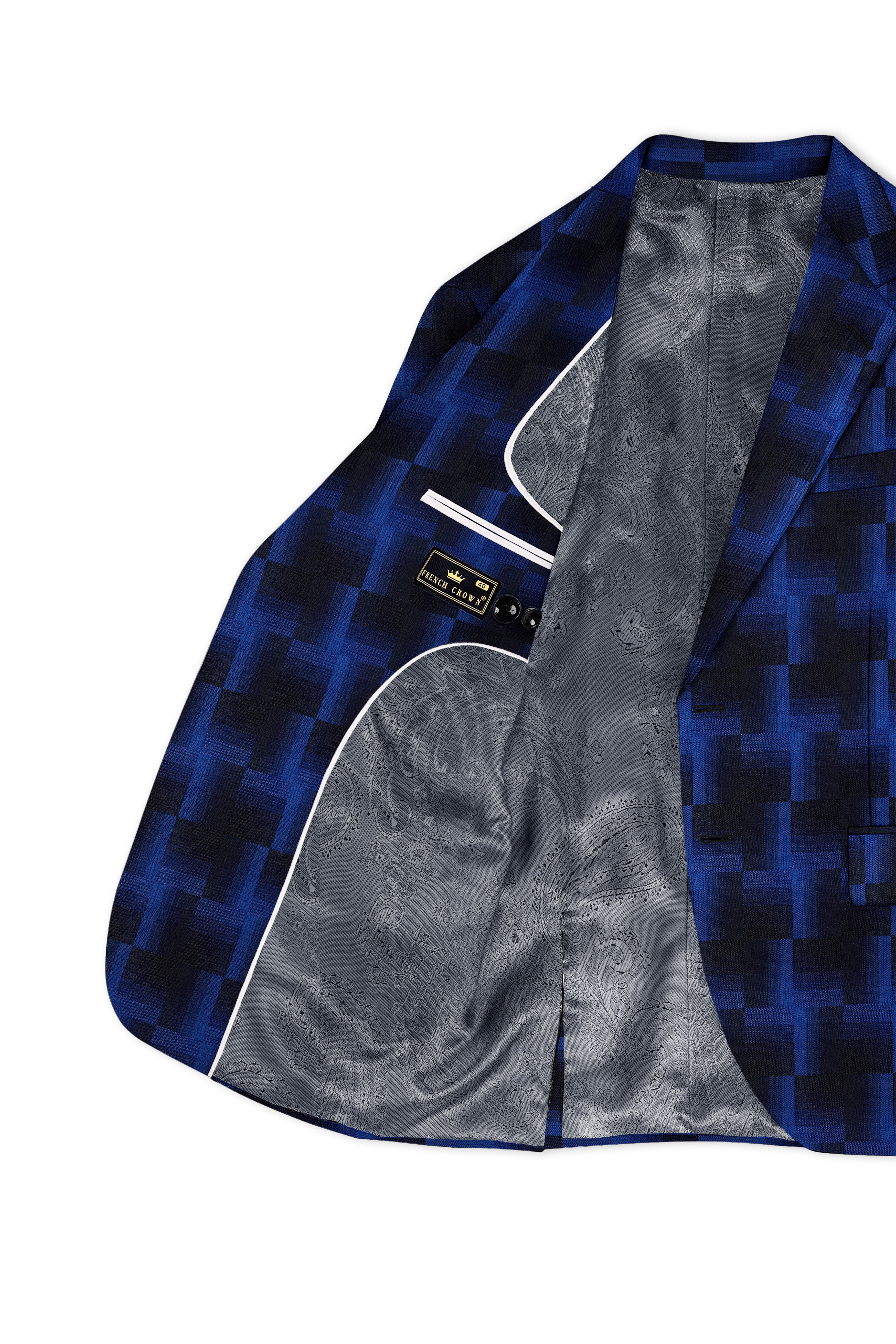 Marine Blue and Black Geometric Pattern Wool Rich Blazer